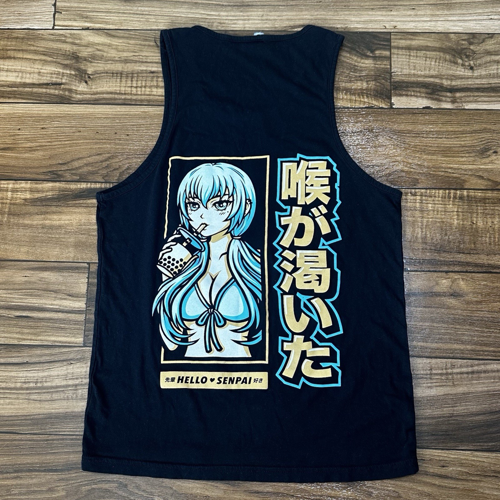 Hello Senpei Anime Bubble Tea Black Tank Shirt Sleeveless Adult Cartoon Japan