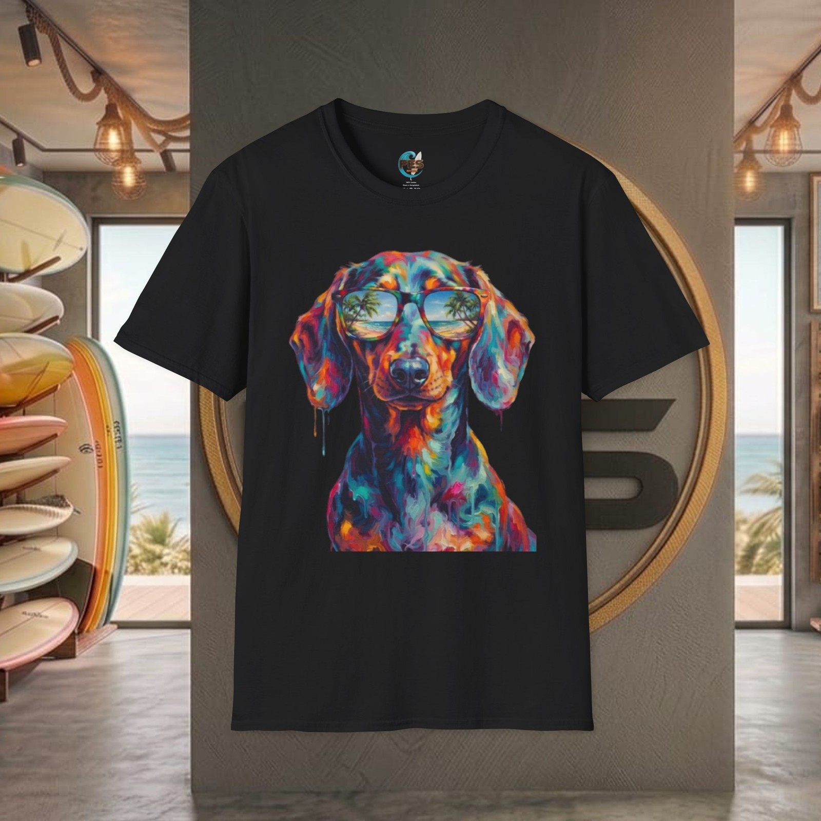 Cool Dachshund Dog Sunglasses Colorful Art UNISEX SoftStyle T-Shirt 15 COLORS