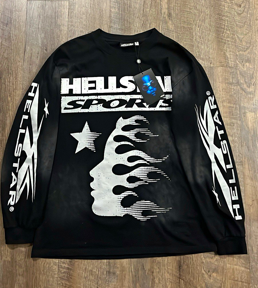 Hellstar Men’s Black Graphic Print Logo Long Sleeve Crew Neck T-Shirt Size S
