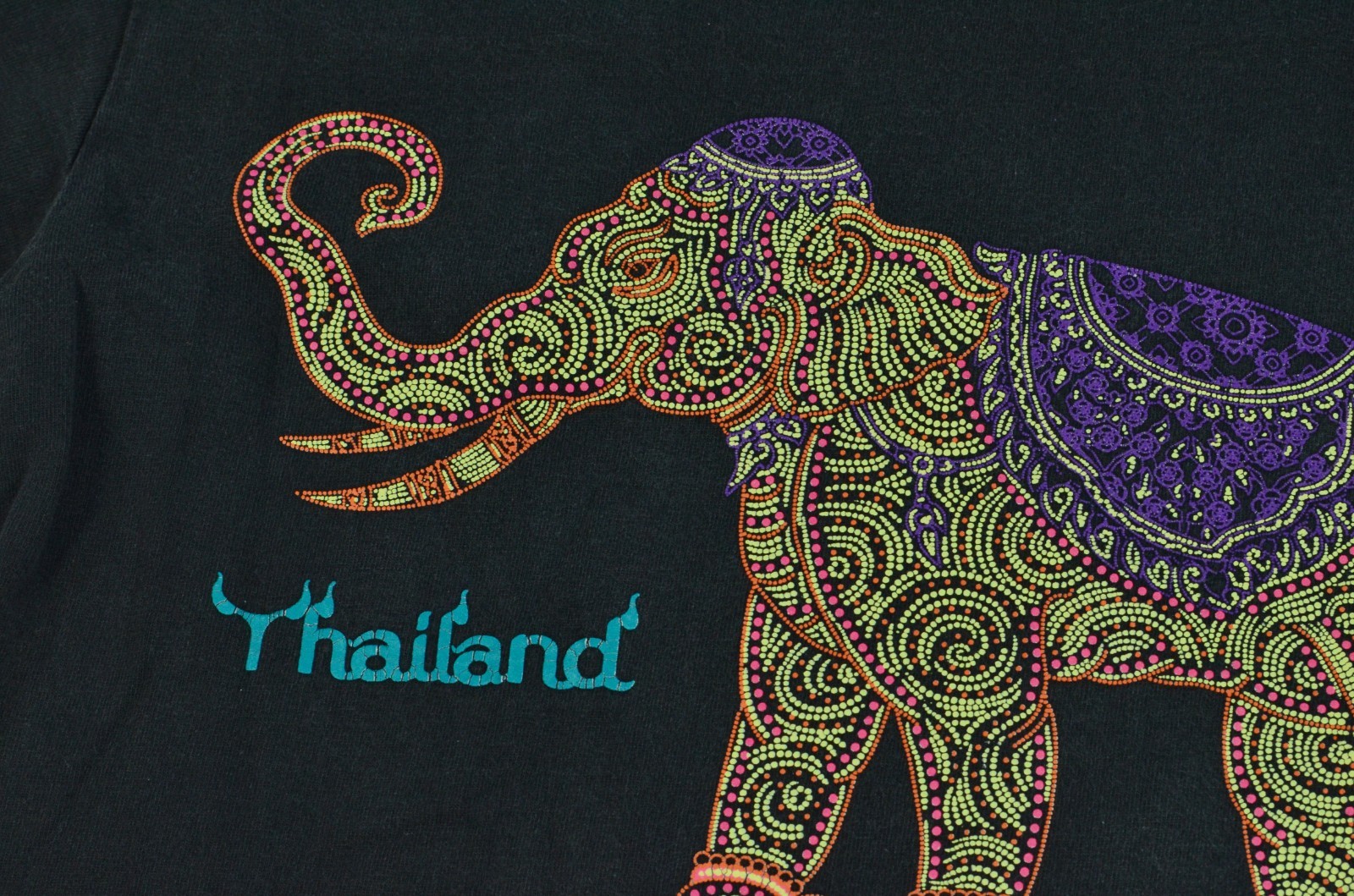 Vintage Thai Thailand Elephant Double Sided 90’s Medium Black Shirt “Beaded Art”