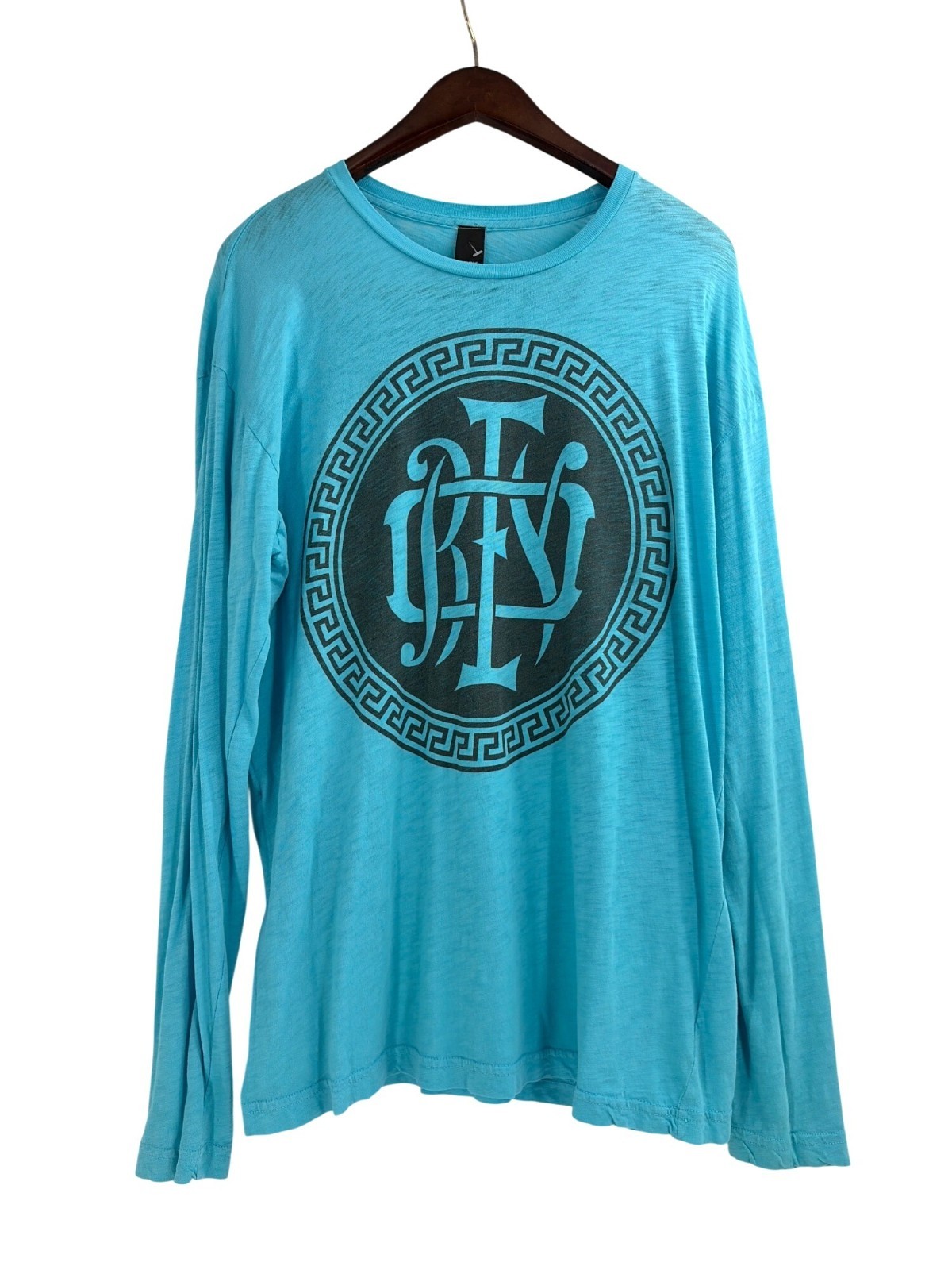 Obey Mens XL Long Sleeve Greek Graphic T-Shirt 100% Cotton Turquoise Streetwear