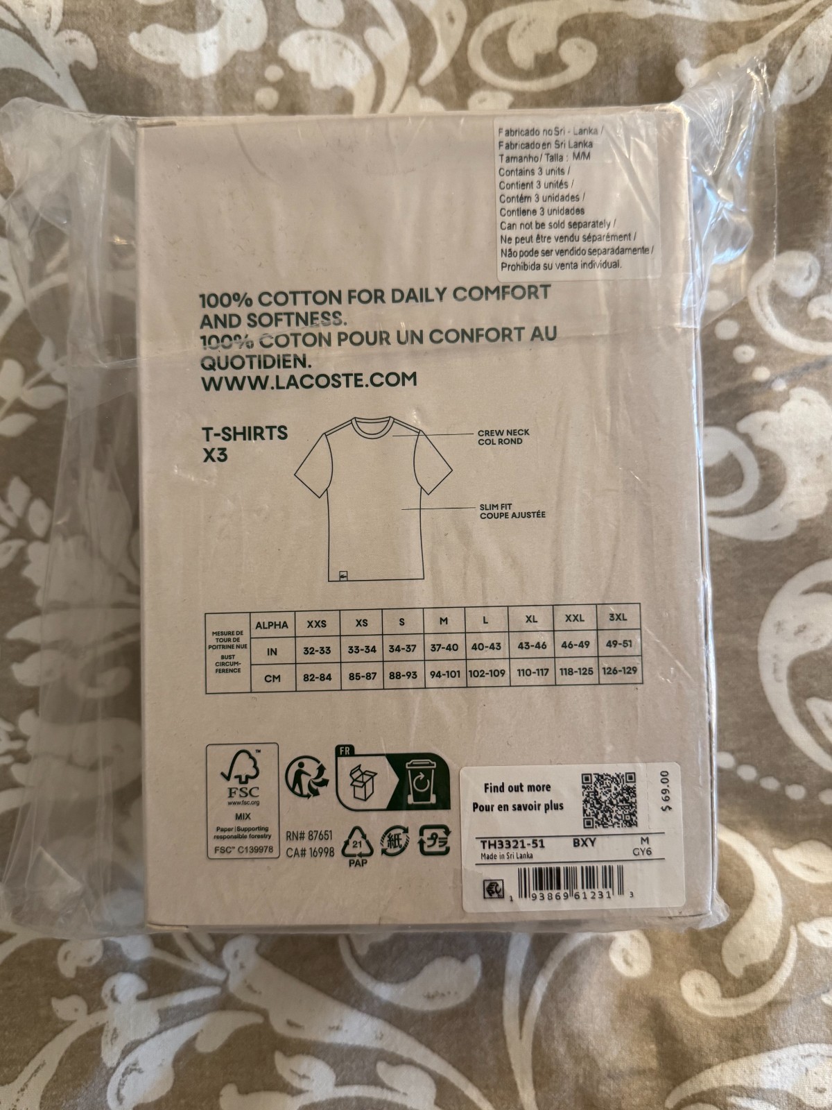 Lacoste Men’s 3-Pack 100% Cotton Slim Fit Crew Undershirts M White Grey Black