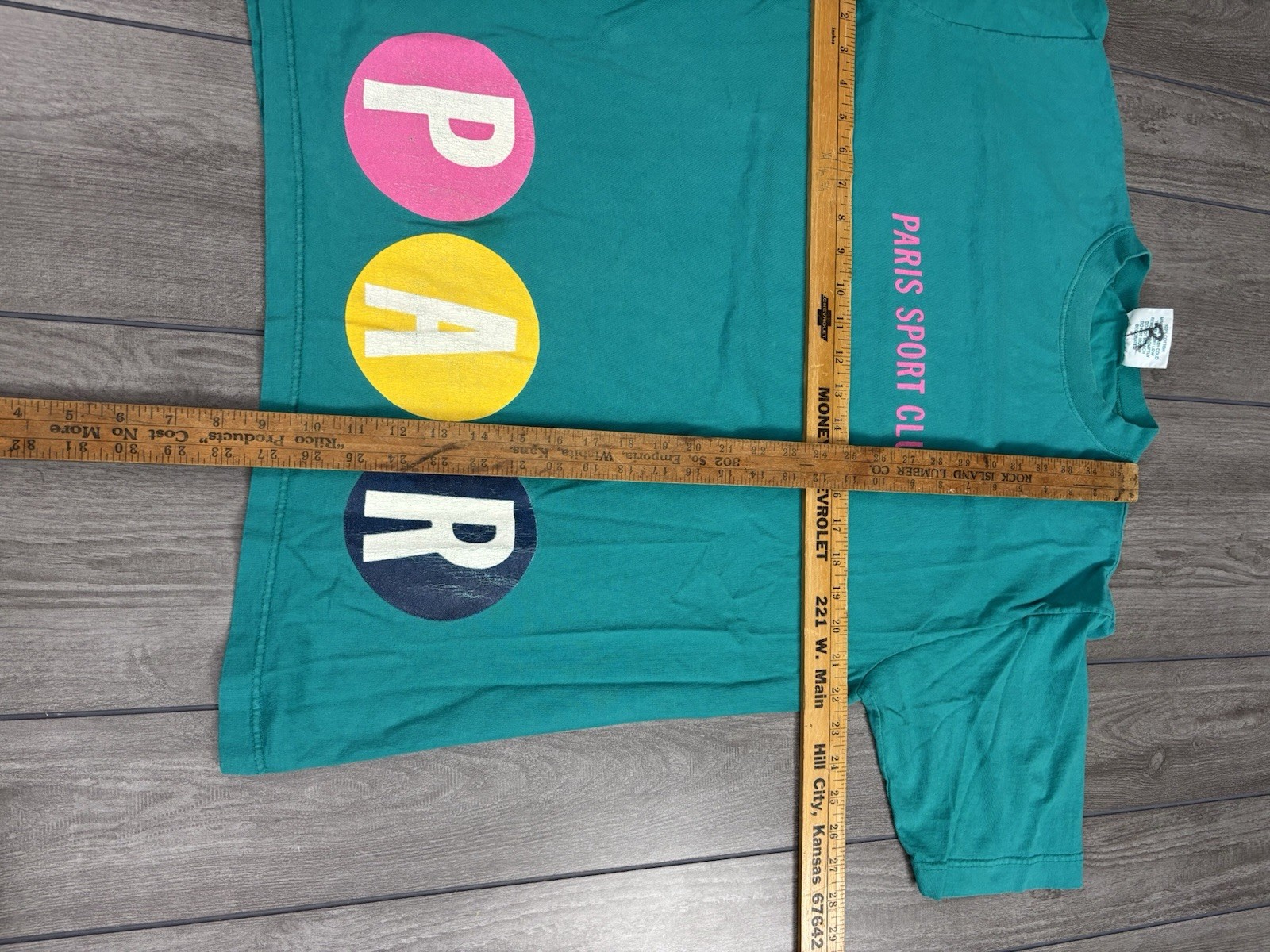 Men’s vintage Paris Sport Club teal tee with nice double graphic,L
