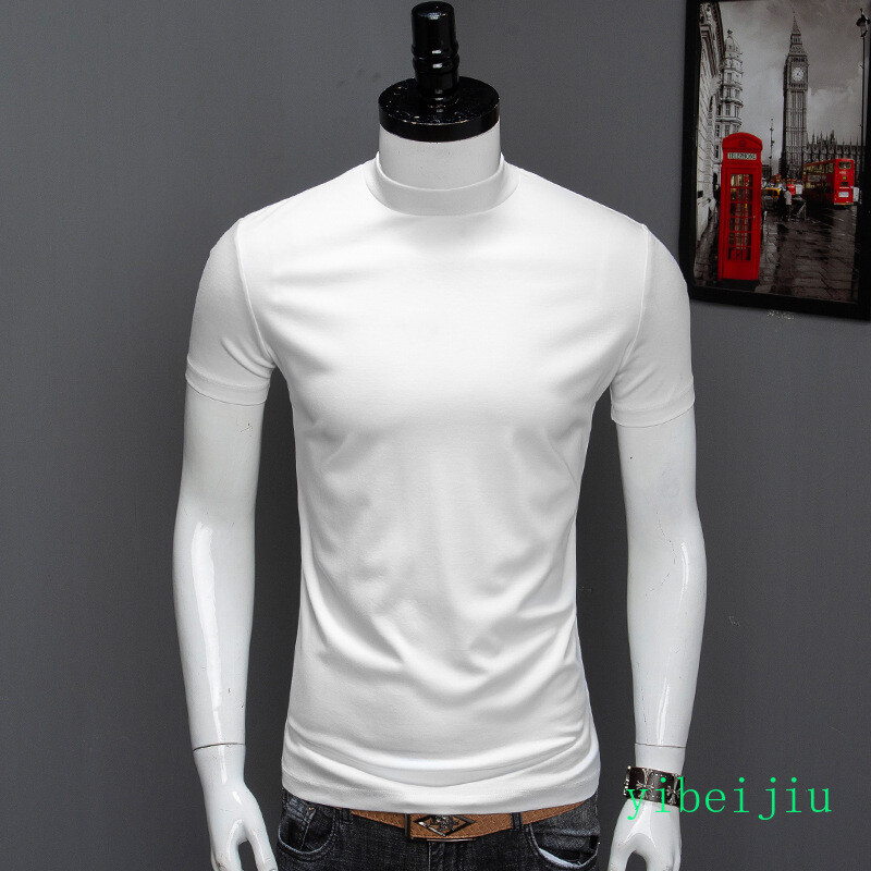 Mens Summer Half High Collar Silk Cotton Short Sleeved Slim Fit Shirts Comfort