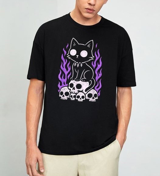 Cat Kitty Skulls Creepy Cute Kawaii Pastel Goth Purple Flame T-Shirt S-4XL