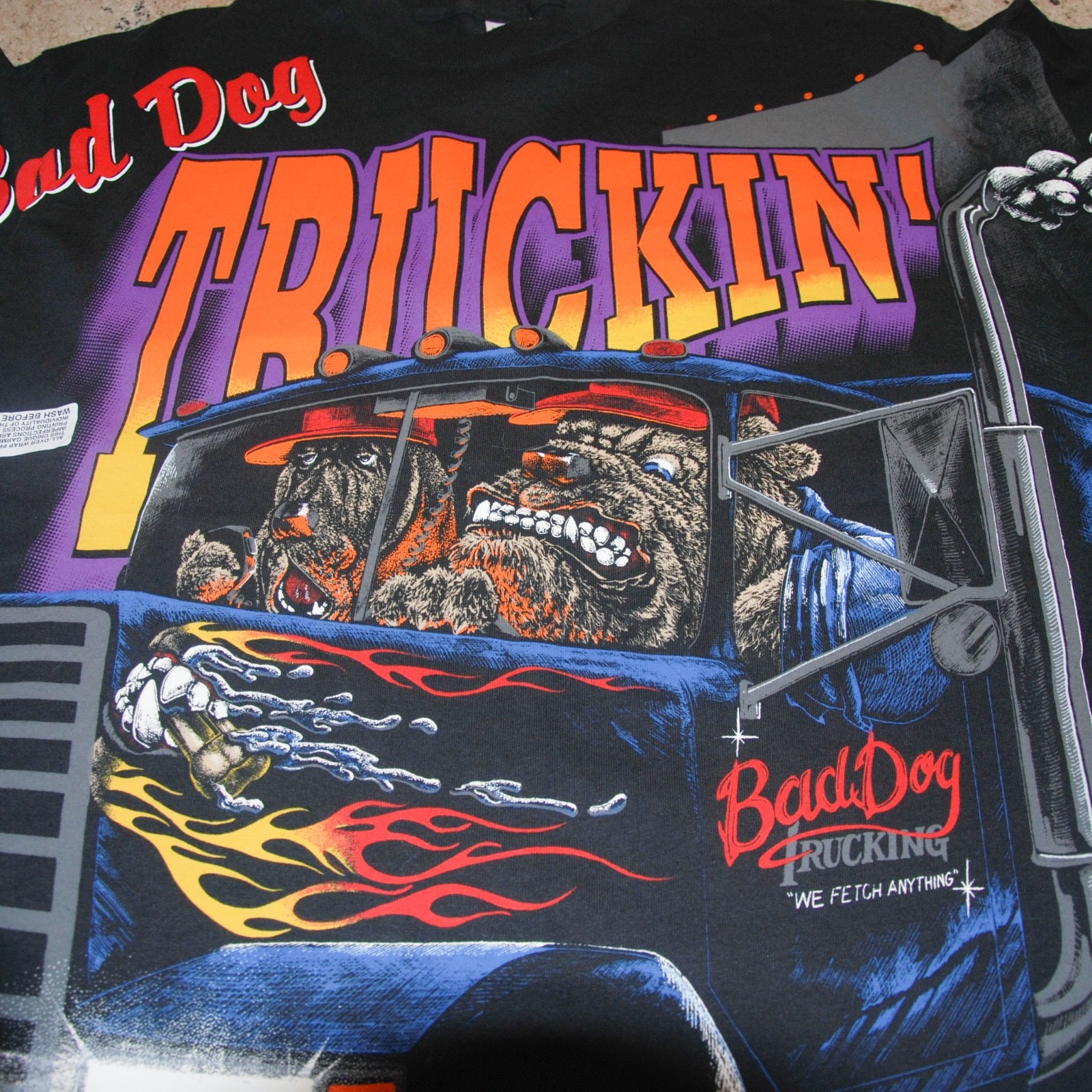 Bad Dog TRUCKIN’ XL Black AOP T Shirt Screen Shop Russ Tock All Over Print