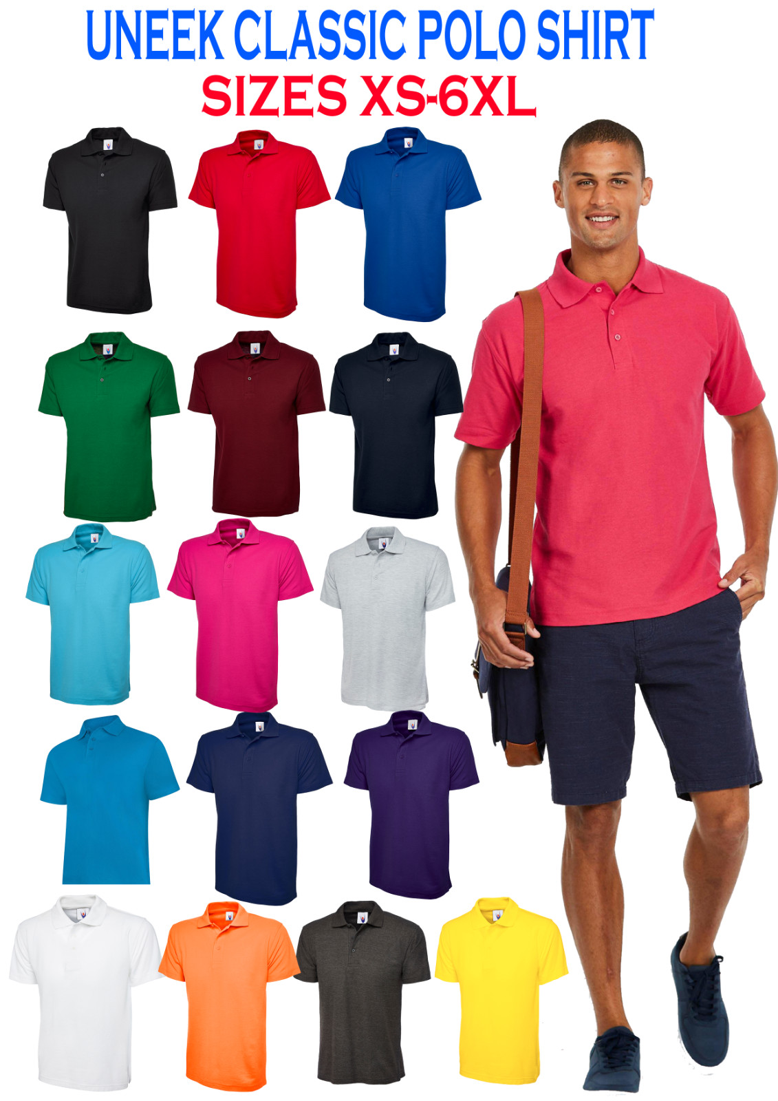 Uneek Classic Unisex adult plain uc101 Polo Shirt Casual Sport Golf Size XS-6XL