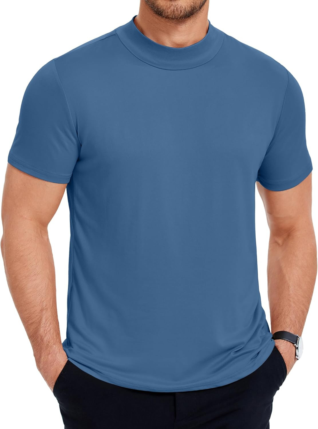 Men’S Mock Neck T Shirt Short Sleeve Slim Fit Basic Casual T-Shirts Solid Color
