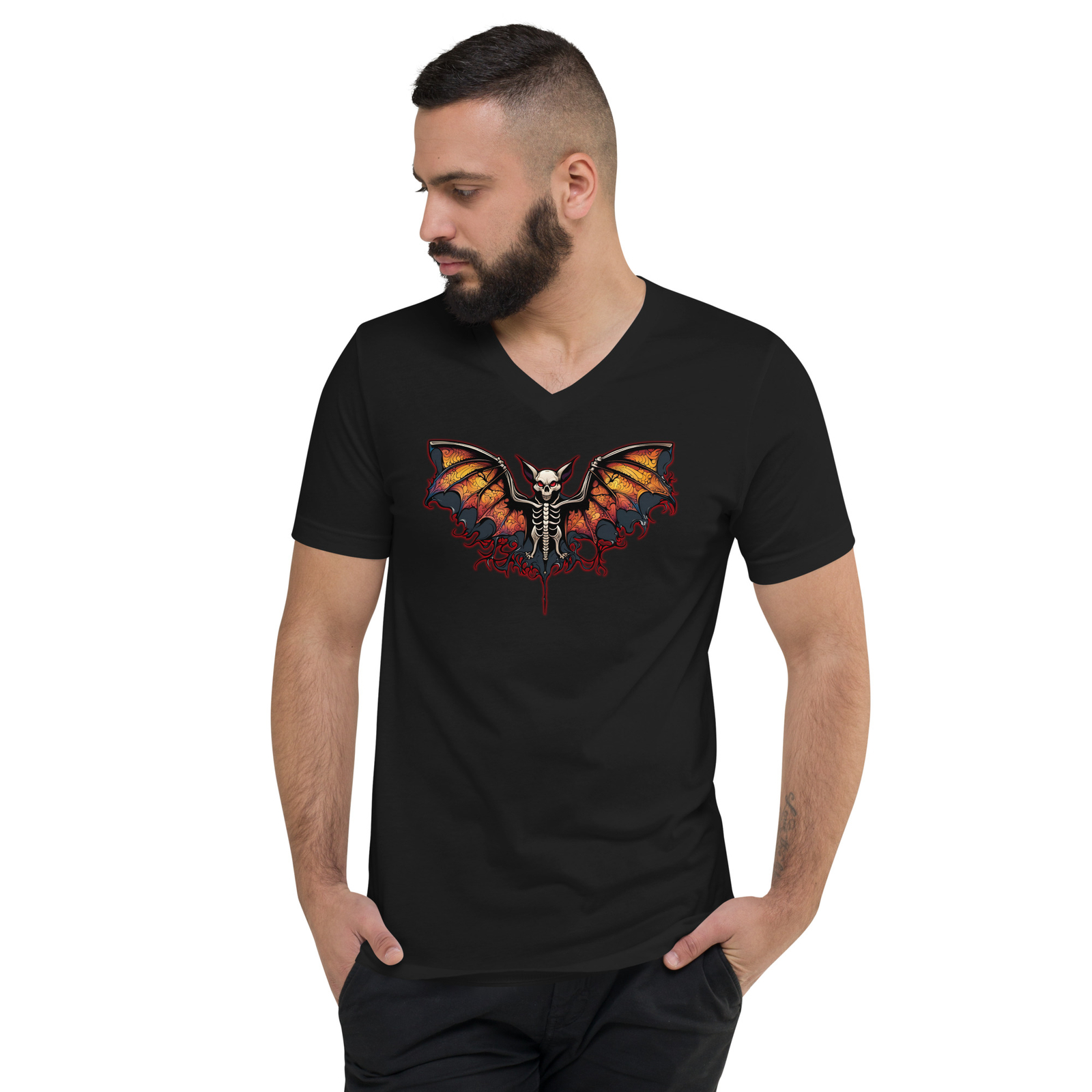 Vampire Bat Skeleton Rib Cage Halloween Short Sleeve V-Neck T-Shirt
