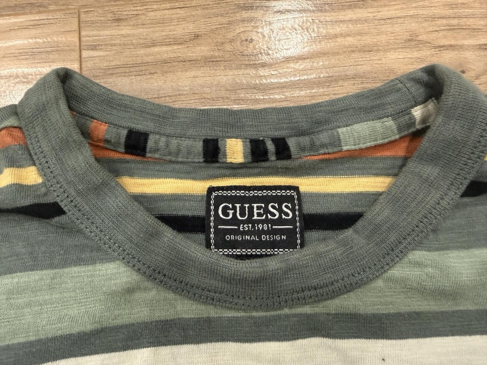Guess Original Design Striped Pocket T Shirt Mens Small Green Orange Cotton Tee
