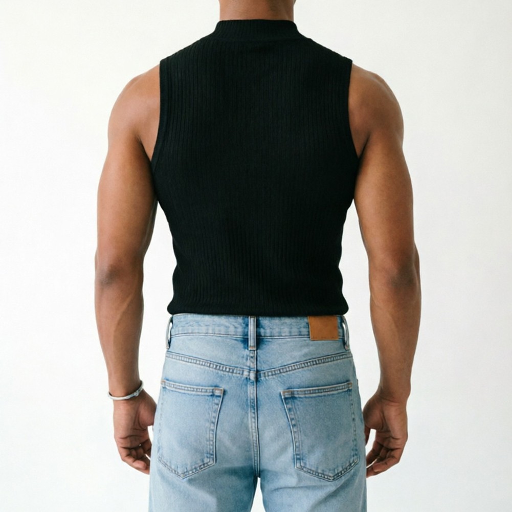 Men Ribbed Sleeveless Tank Top with Half Turtleneck Neckline Casual Vest