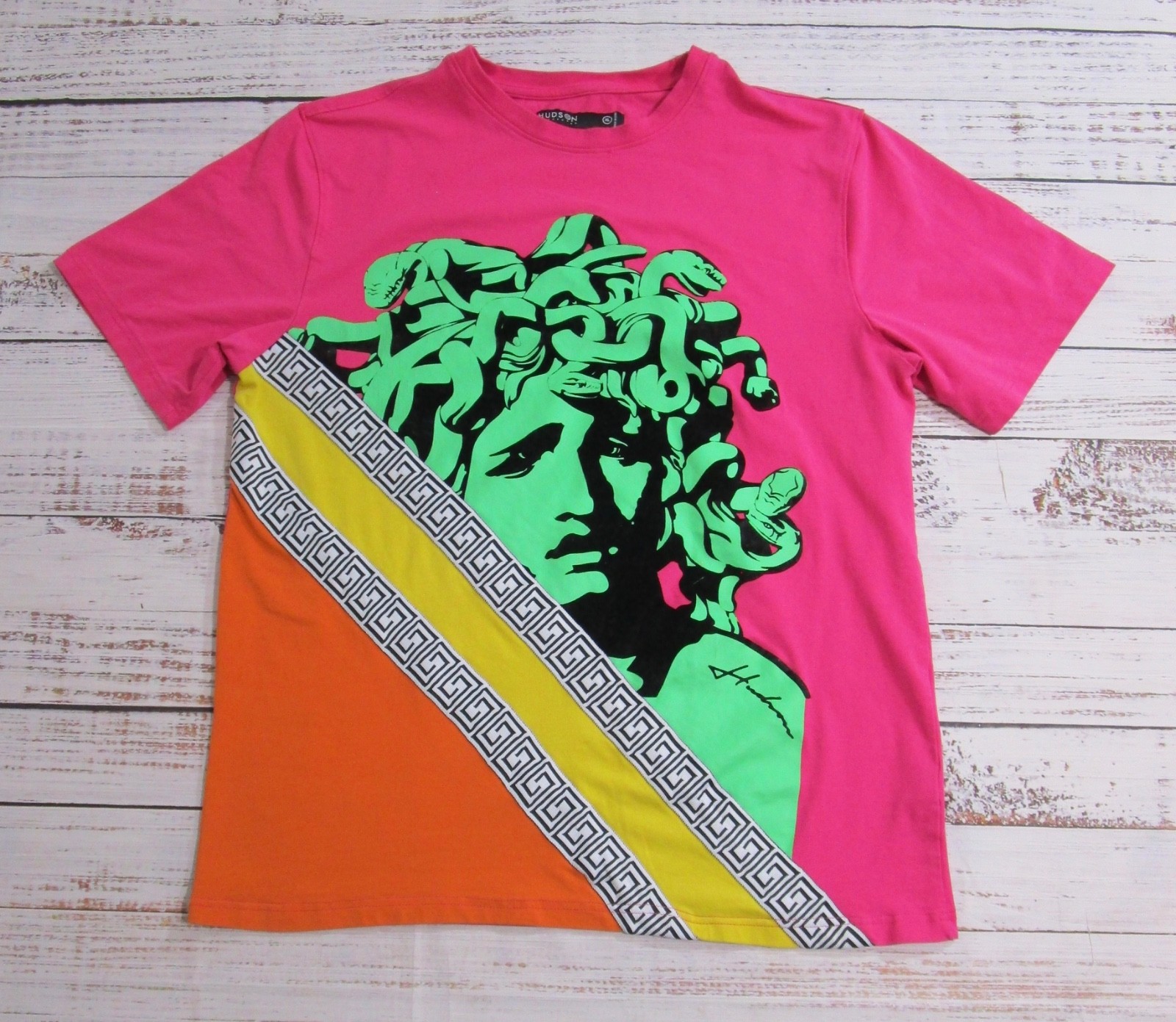 Hudson Outerwear Pink Orange Green Medusa Graphic Short Sleeve T-Shirt Mens XL