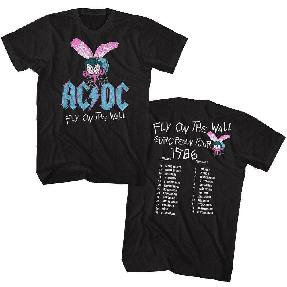 AC/DC Fly On The Wall European Tour 1986 Front and Back Black T-shirt
