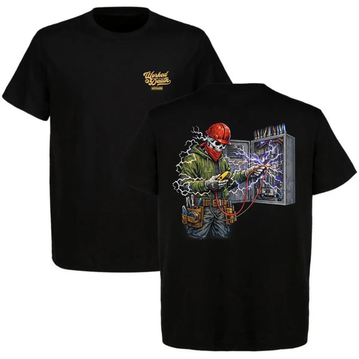 Worked to Death Electrician Skeleton Shock Panel T-Shirt