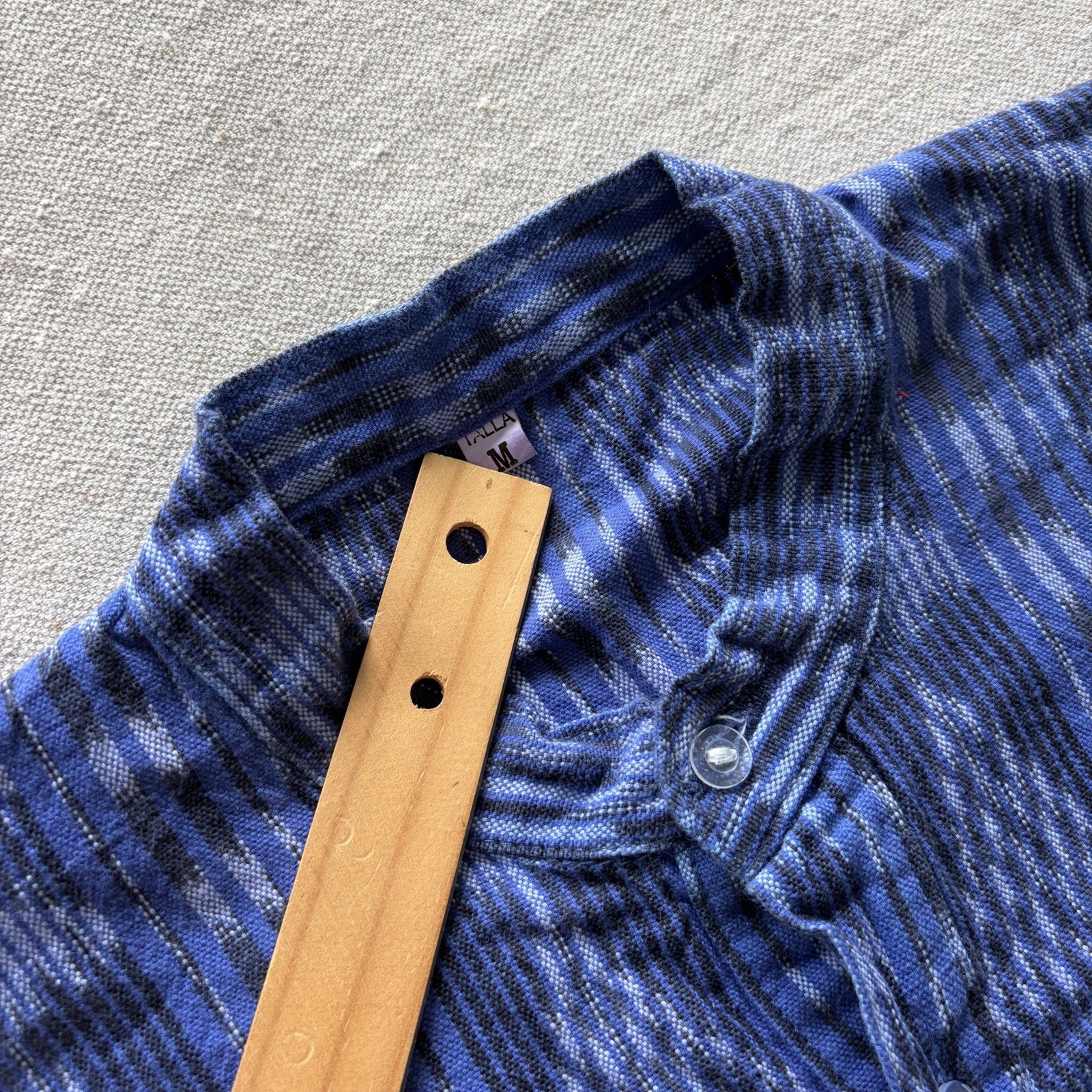 Guatemalan Ikat Collarless Henley Indigo Blue Shirt Men’s Medium M Women’s Large