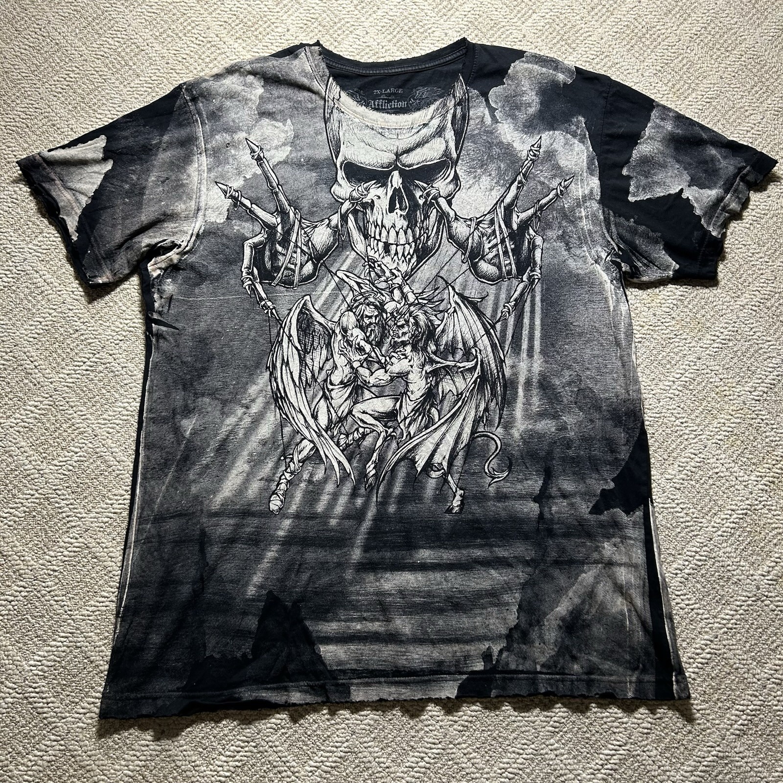Rare Vtg Affliction Puppet Master God Vs Devil Demon Shirt 2XL Y2K AOP