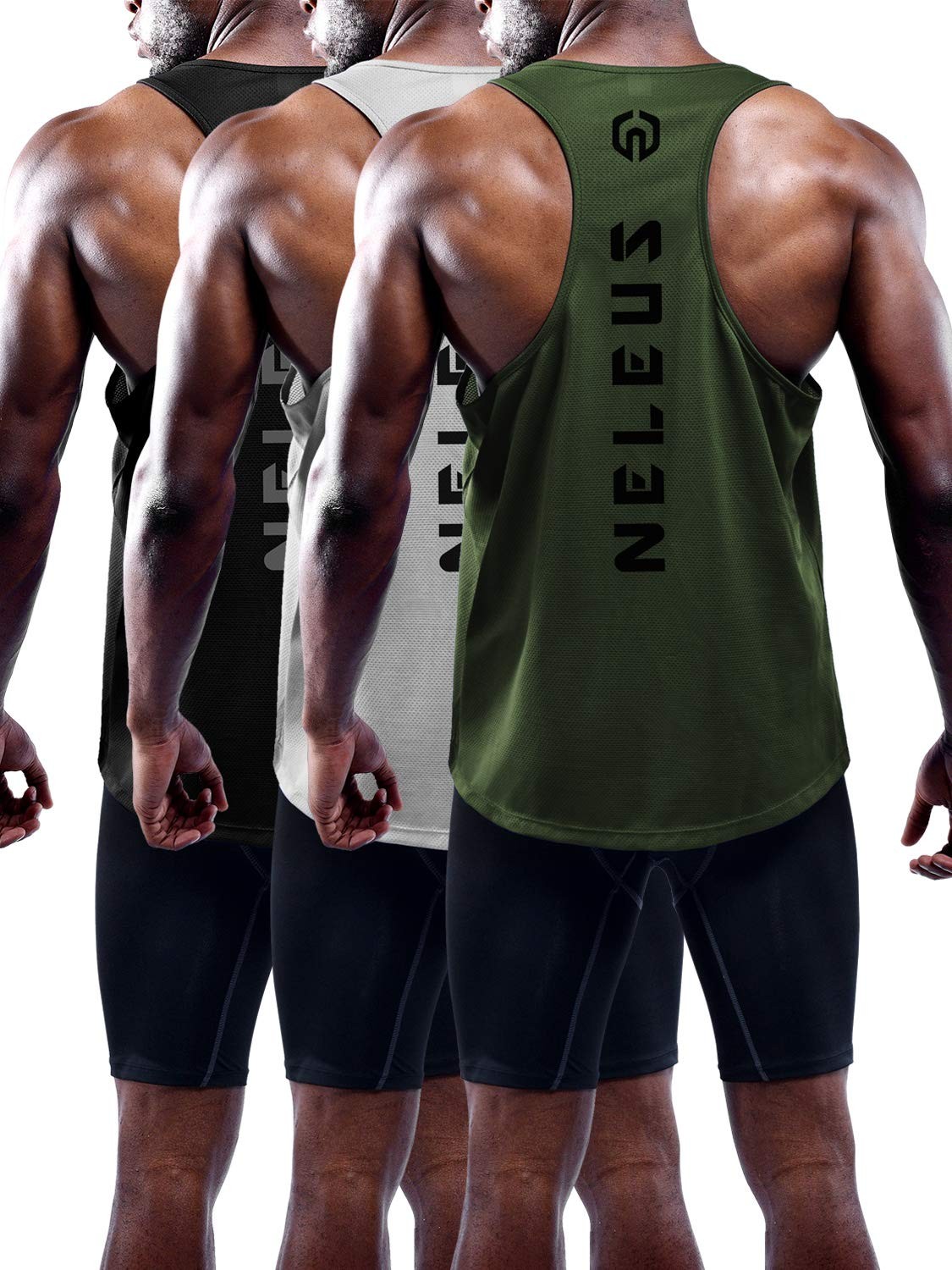 Men’s 3 Pack Dry Fit Y-Back Muscle Tank Workout Gym Shirt,5031,Black,Grey,Oli…