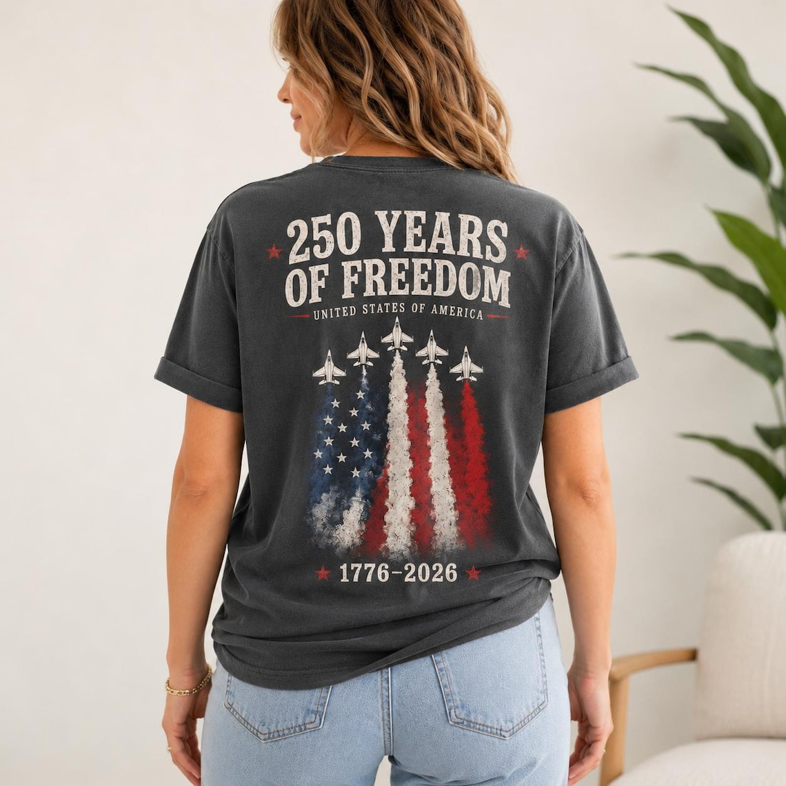 America 250 Shirt Fighter Jet Front Back Print 1776-2026 Patriotic July 4th Tee