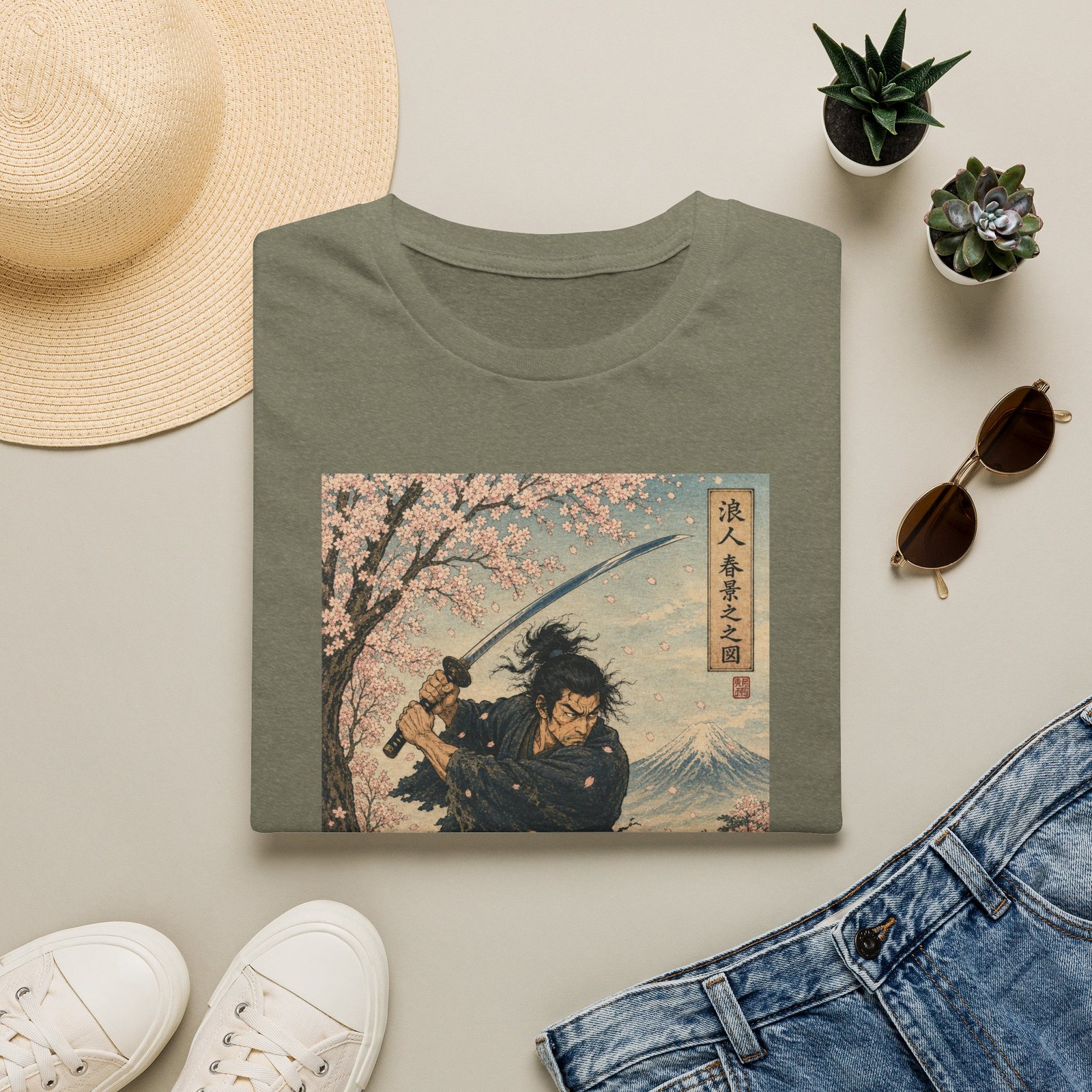 Ronin Samurai Sword Cherry Blossoms Soft T-Shirt | Japanese Ukiyo-e Warrior Art