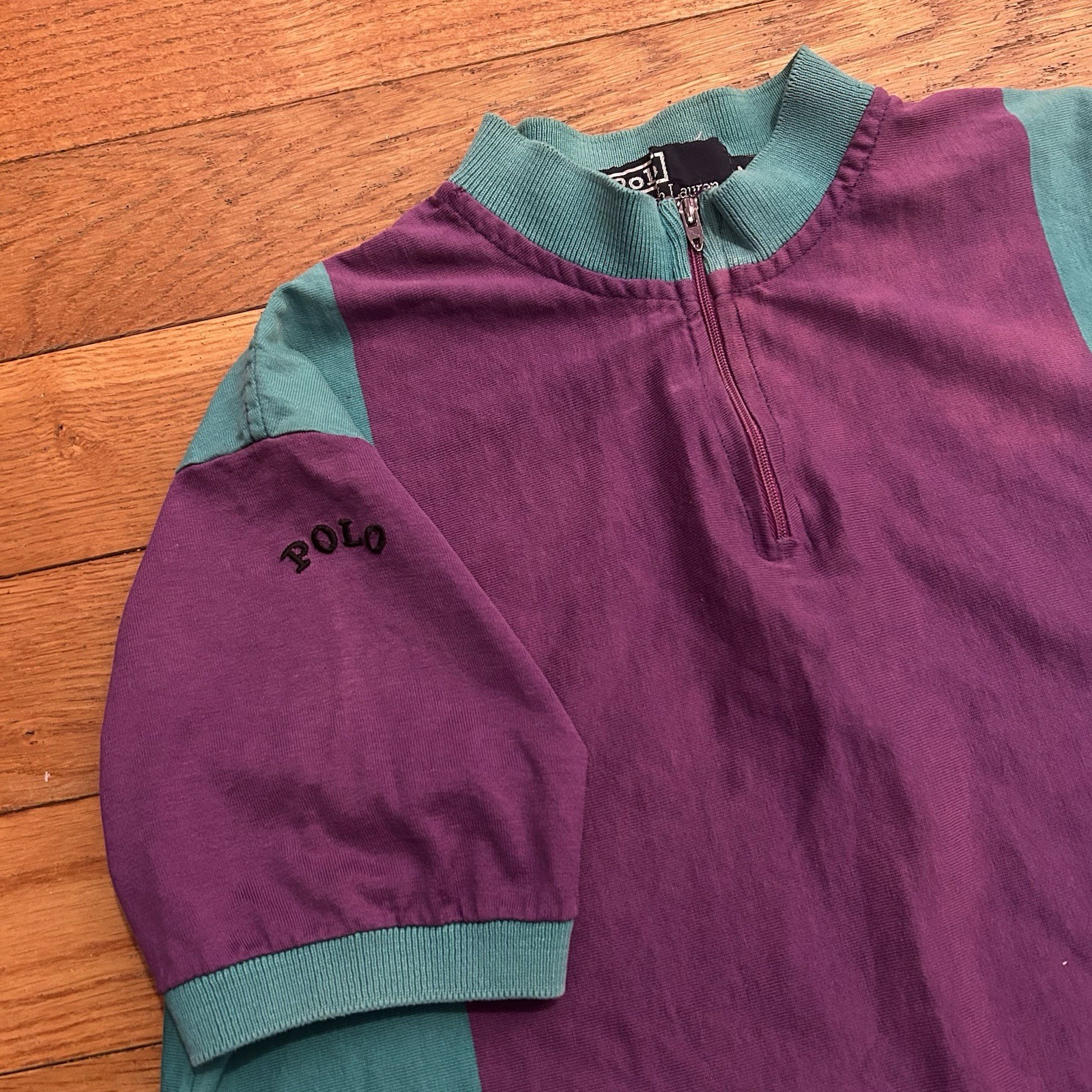 Vintage 80s Polo Ralph Lauren Striped Cycling Logo Jersey Zip Tee Shirt Medium