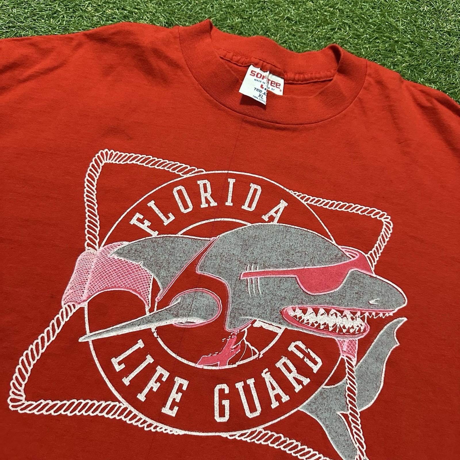 Vintage 90s Florida Lifeguard T Shirt Mens XL Shark Graphic USA Tee Red
