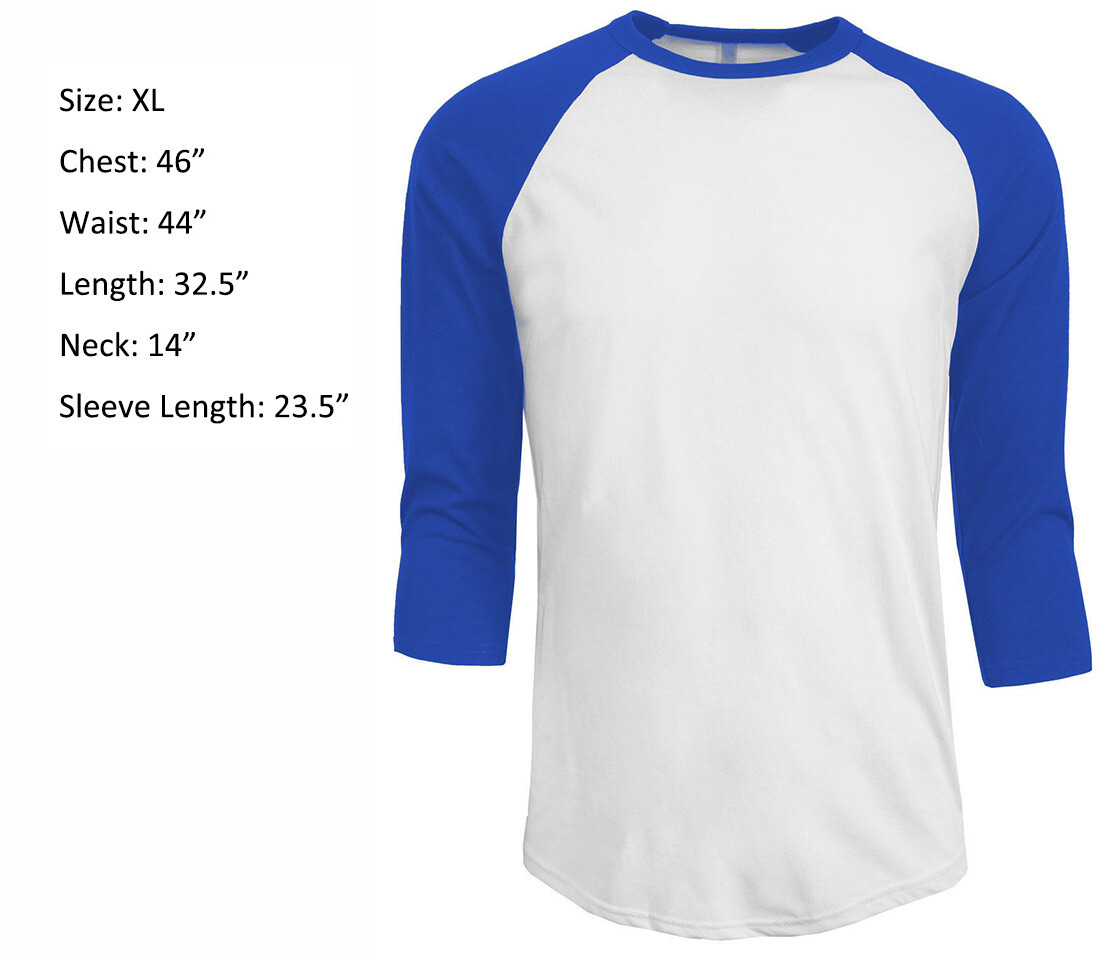 3/4 Sleeve Plain T-Shirt Baseball Raglan Jersey Men’s Tee White Blue XL