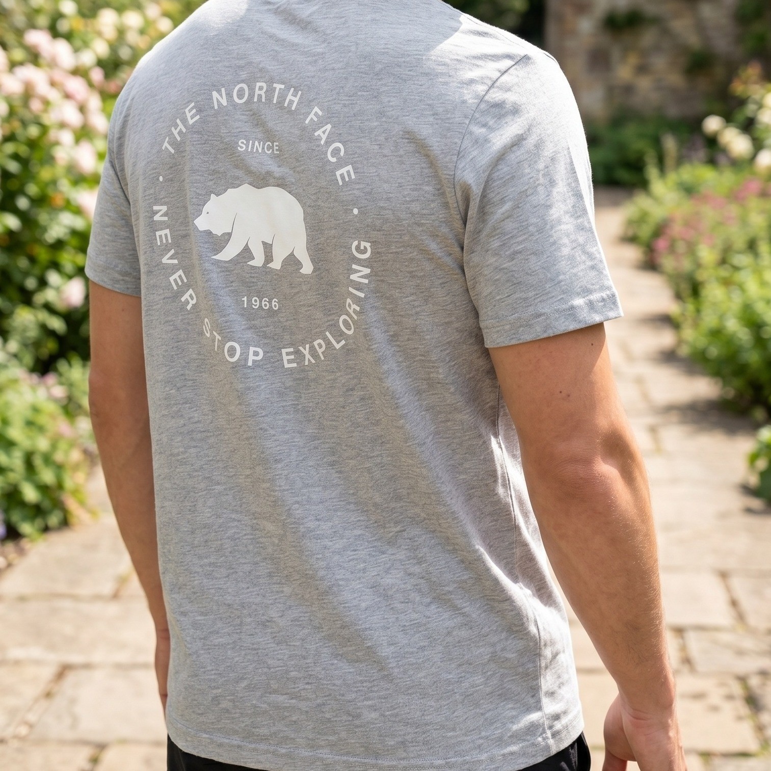 The North Face Mens Grey Short Sleeve Bear Never Stop Exploring Graphic T-Shirt