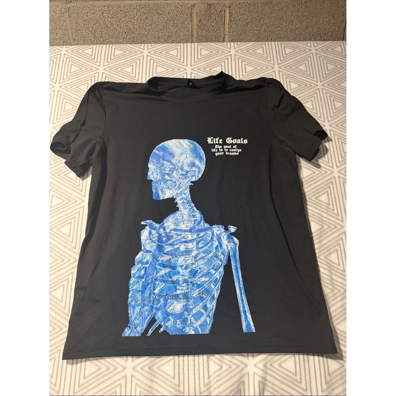 ROMWE Black Tee with Blue Skeleton Graphic and Text