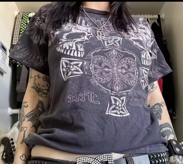Black Skull Graphic Print Crew Neck Short Sleeve T-Shirt Unisex One Size