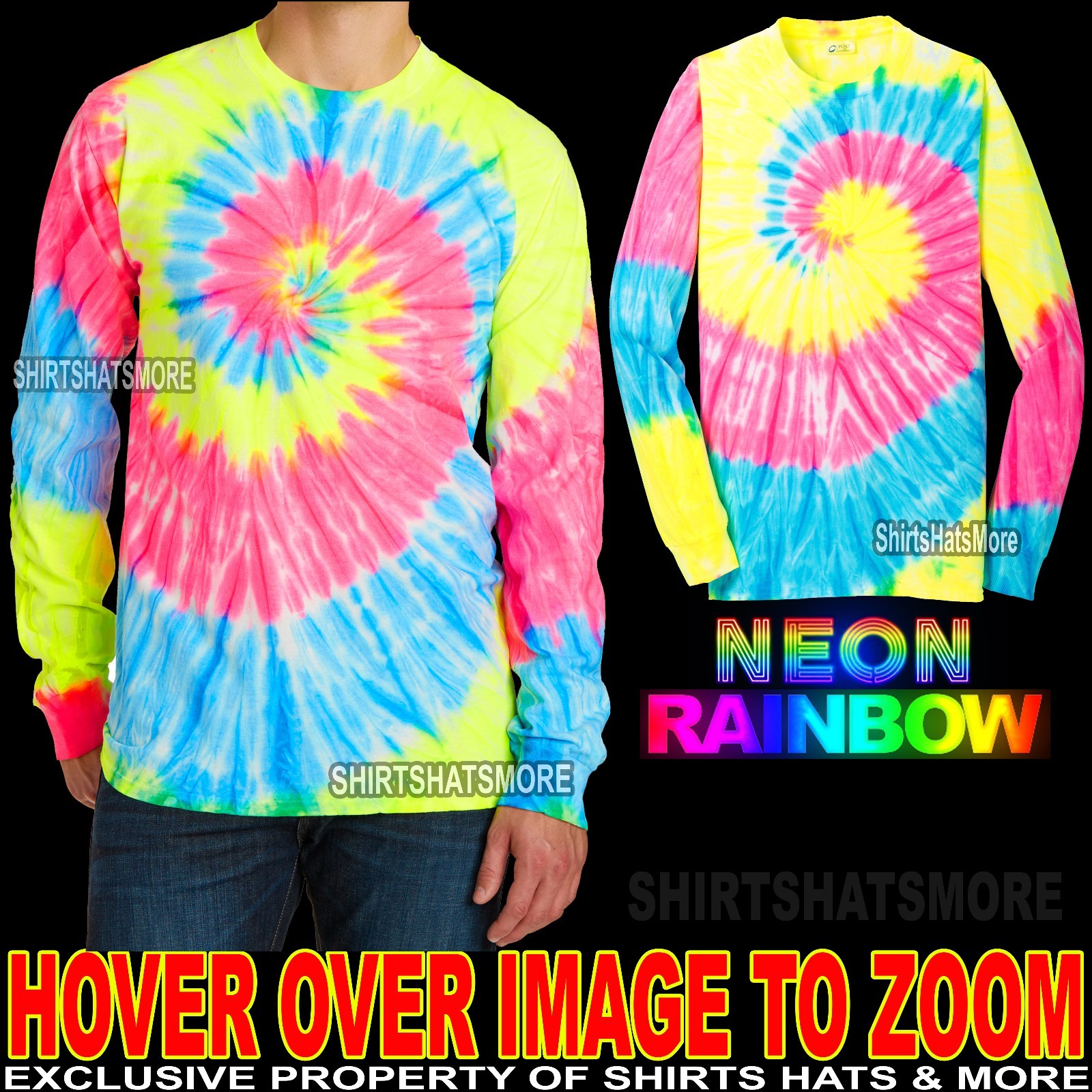Mens Long Sleeve Tie Dye T-Shirt NEON RAINBOW Tye Died Tee S-XL 2XL, 3XL, 4XL