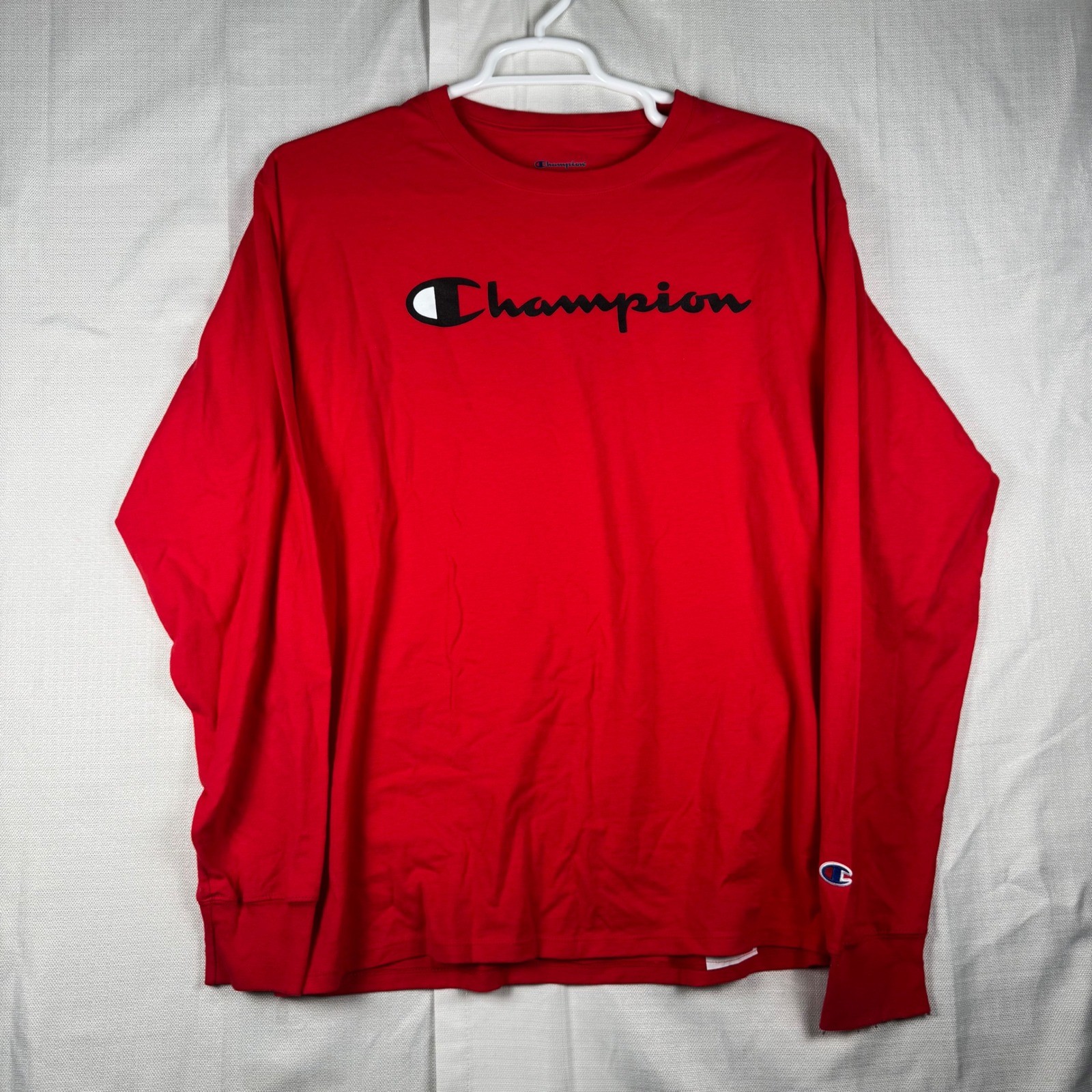 Champion Mens Red Long Sleeve Script Logo Graphic T-Shirt GT78H Large