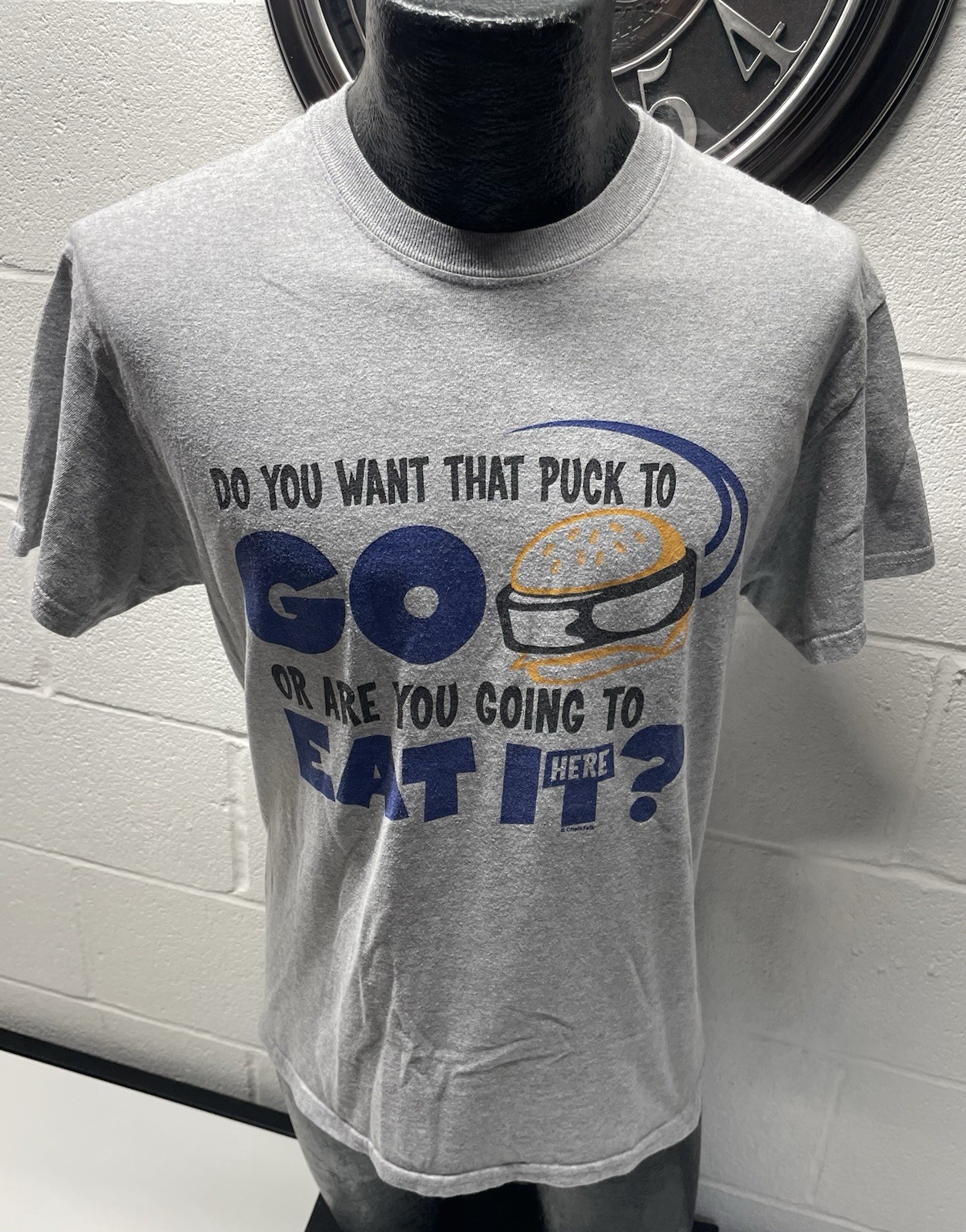 Chalktalk Sports Hockey Humor Tee Med. You want That Puck To Go Or Eat It Here?