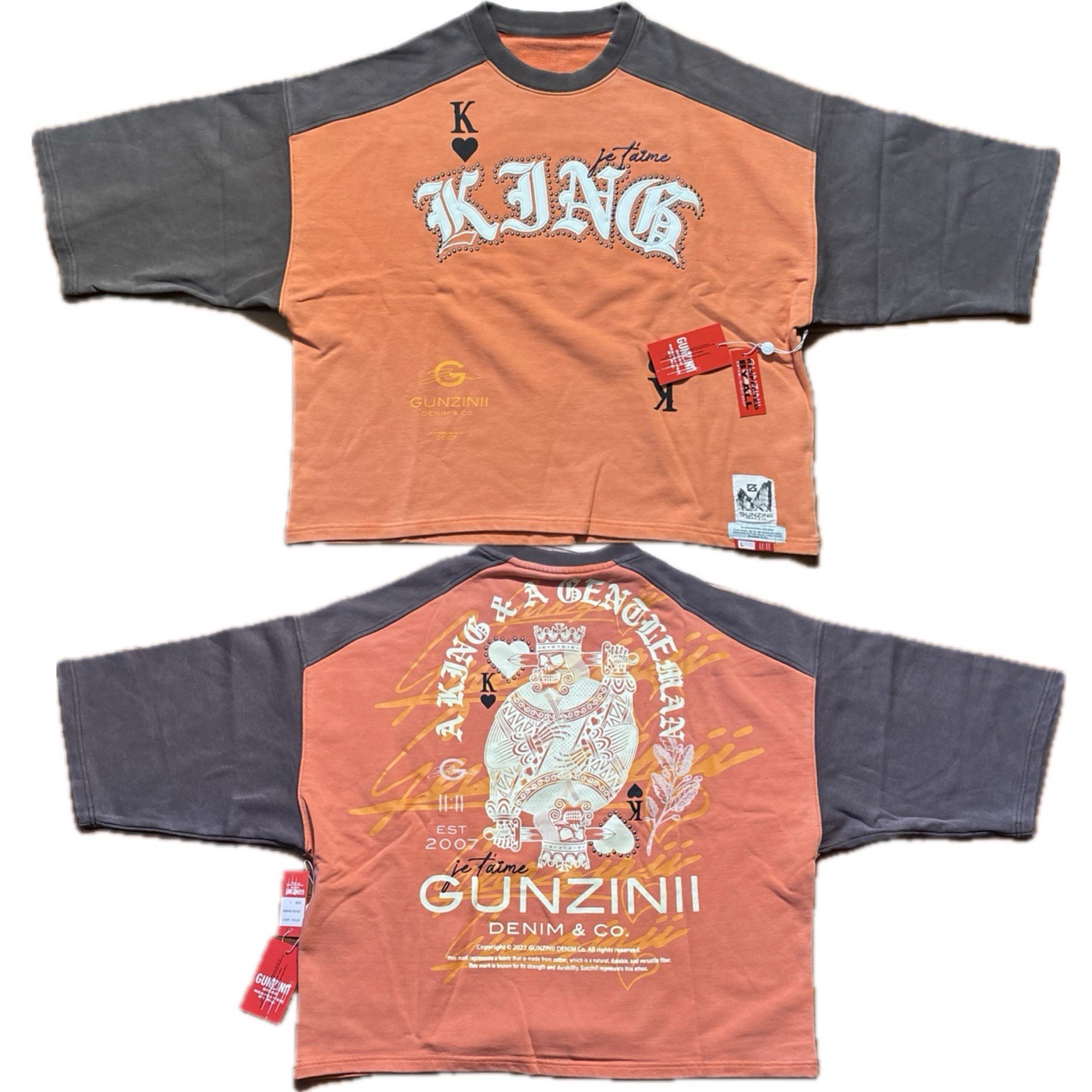 NEW Gunzinii Men L King And A Gentleman Crew Neck Shirt Orange GZ617 Skater Hip