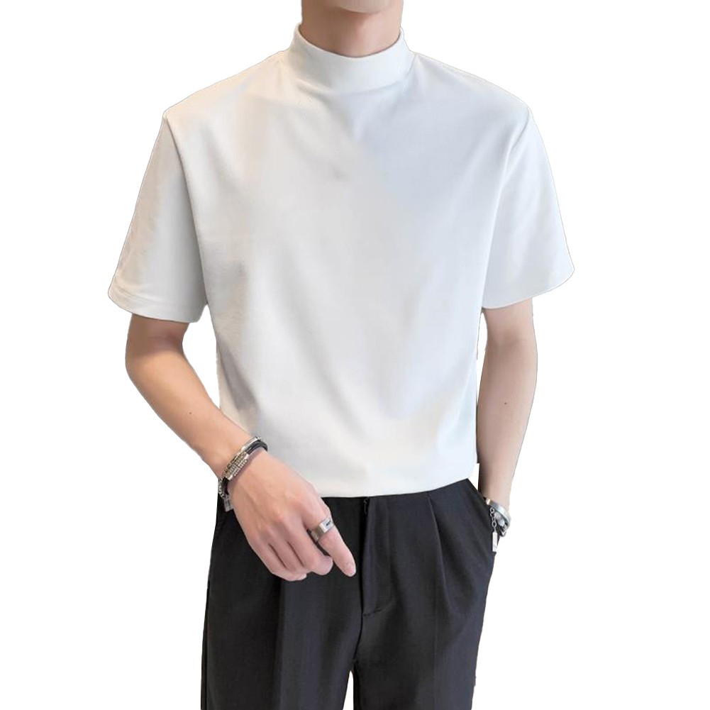 Short Sleeve Pullover Tops for Men with Elastic Half Turtleneck Design