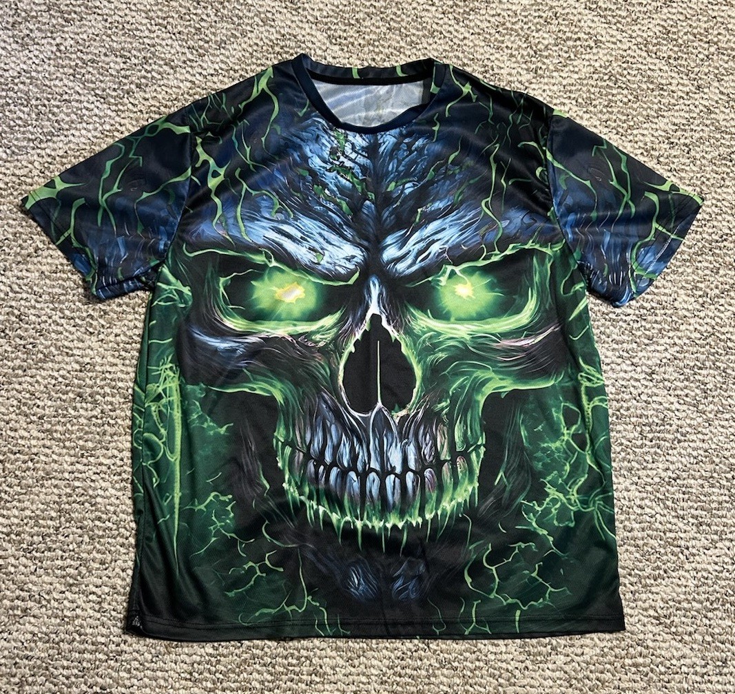 Green Flaming Skull All Over Print T-shirt XL Polyester Spandex