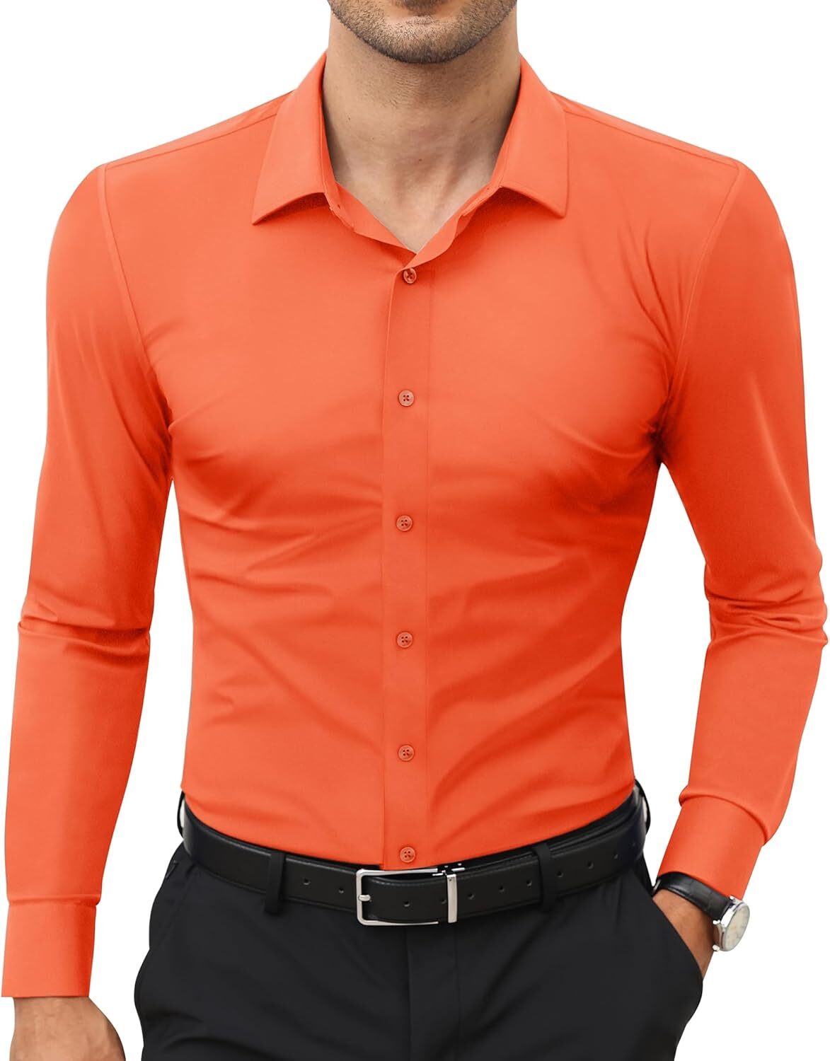 Stretch Slim Fit Wrinkle Free Long Sleeve Dress Shirt for Men Button Down