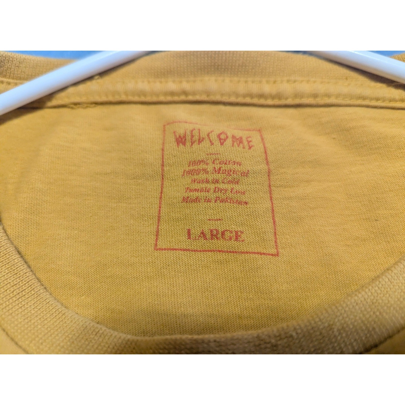 WELCOME Large Mustard Long Sleeve Graphic T Shirt Occult Eye Symbols Cotton