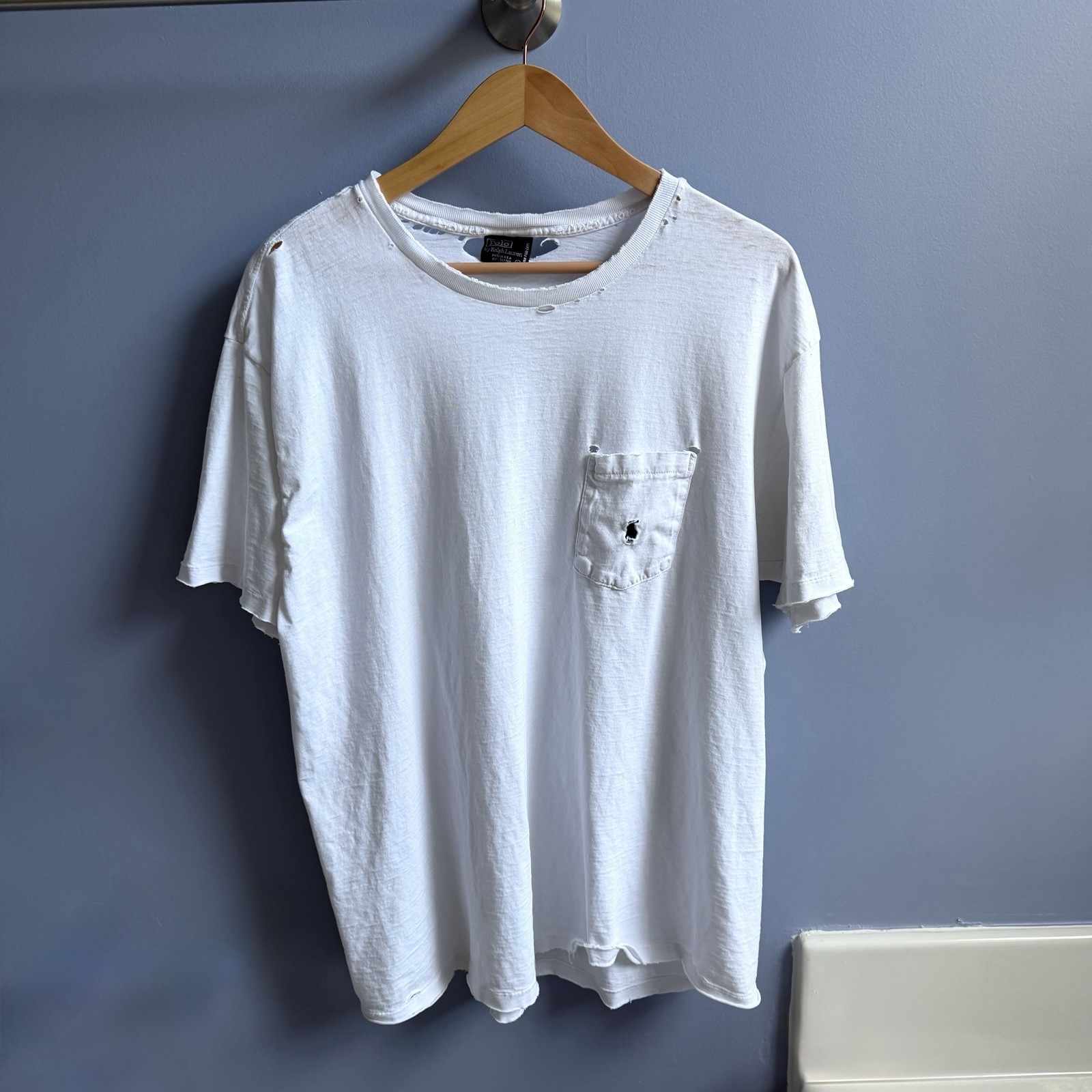 VTG 90s Polo Ralph Lauren Thrashed Ripped Pocket T-Shirt White L Navy Pony USA