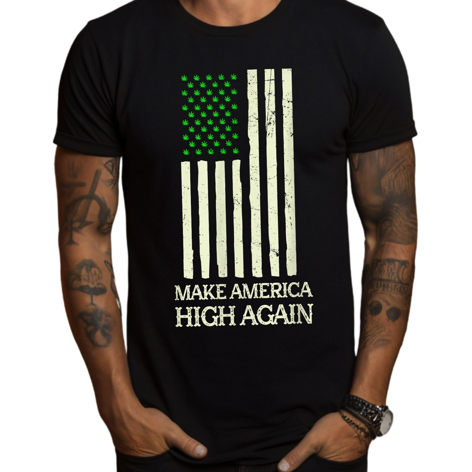Make America High Again American Flag T-Shirt Black S-3XL Weed, Stoner