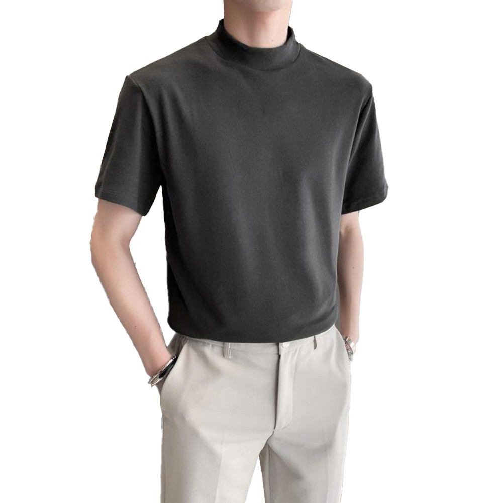 Short Sleeve Pullover Tops for Men with Elastic Half Turtleneck Design
