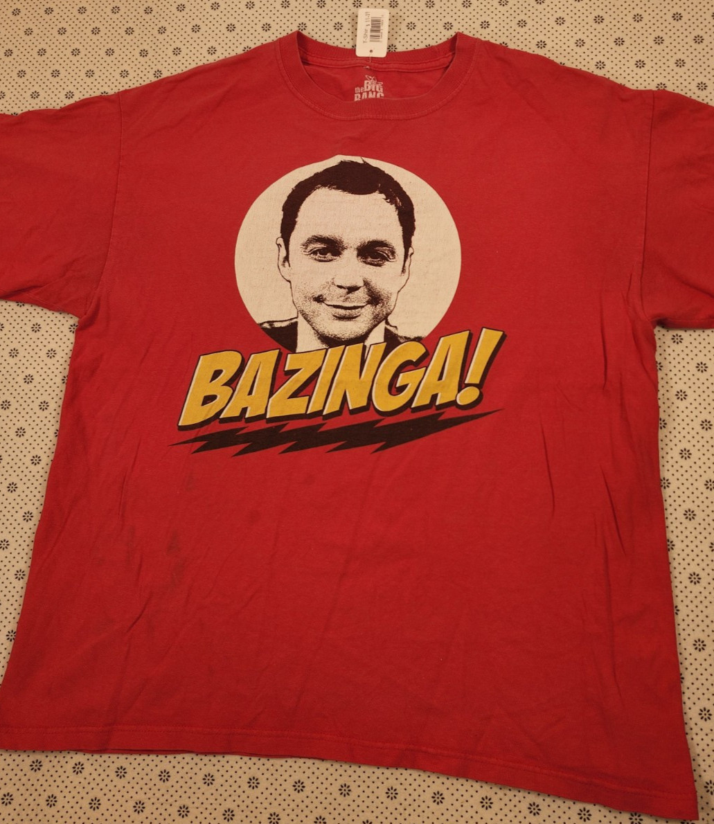 Bazinga The Big Bang Theory Mens LARGE T-Shirt Sheldon Cooper Red Graphic Tee