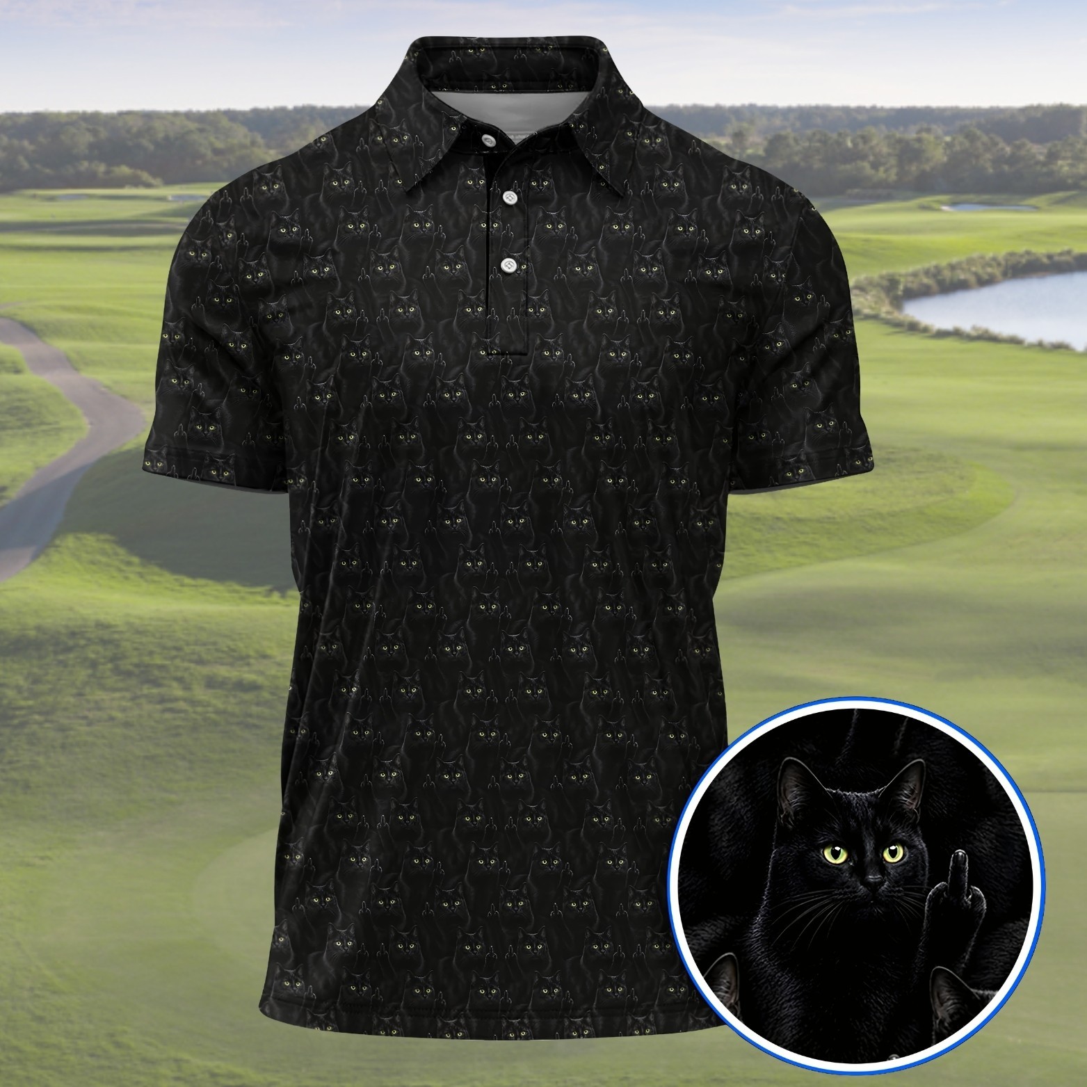 Black Cat Golf Polo Shirt Men Funny Rude Middle Finger Cat Dad Gift (S-5XL)