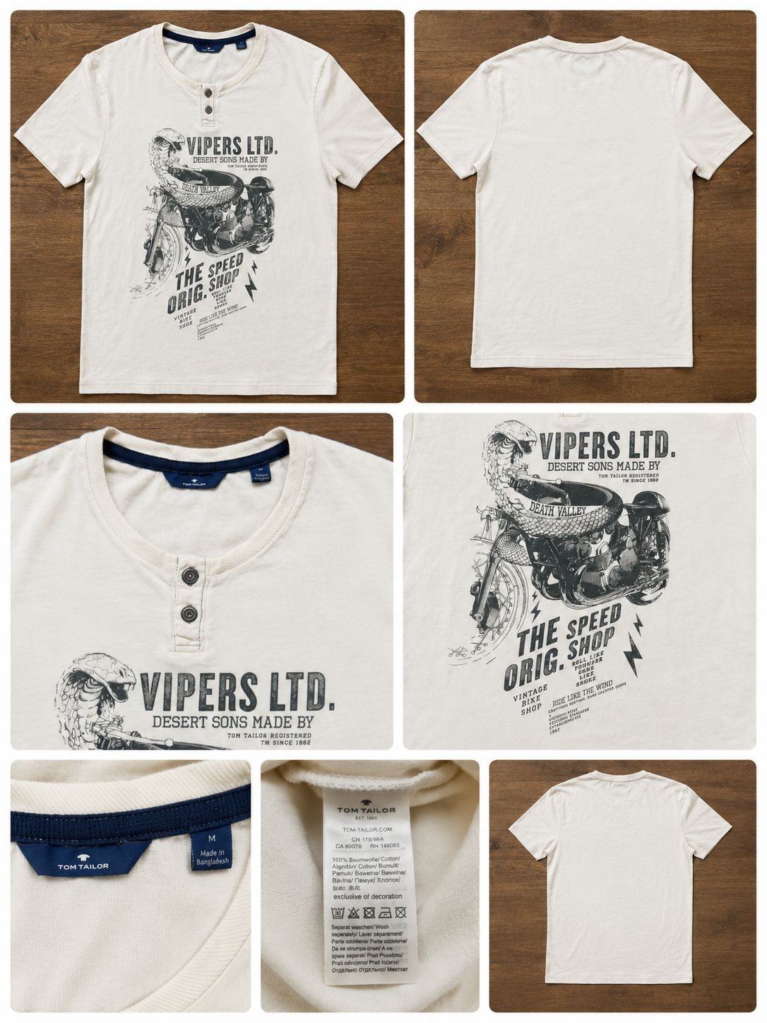 Tom Tailor Motorcycle Graphic Henley T Shirt Men Medium Cream Biker Style