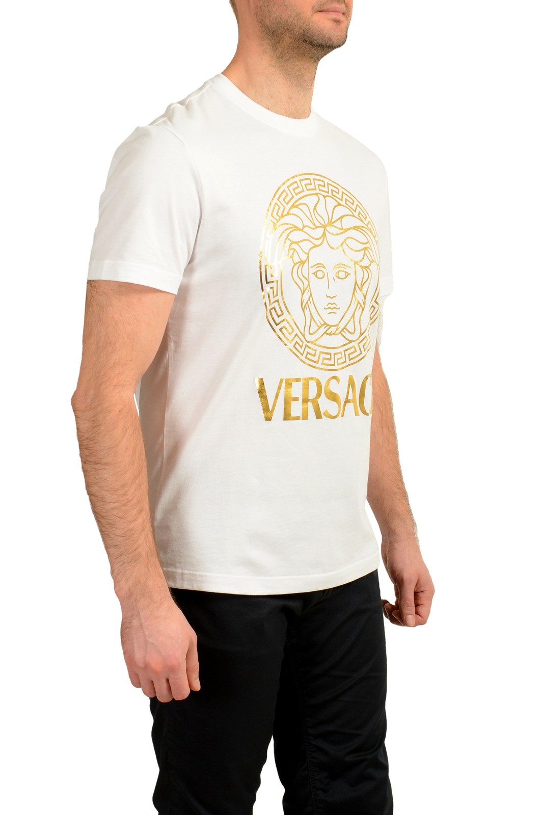 Versace Men’s Gold Medusa Print White Short Sleeve Crewneck T-Shirt US 2XL IT 56