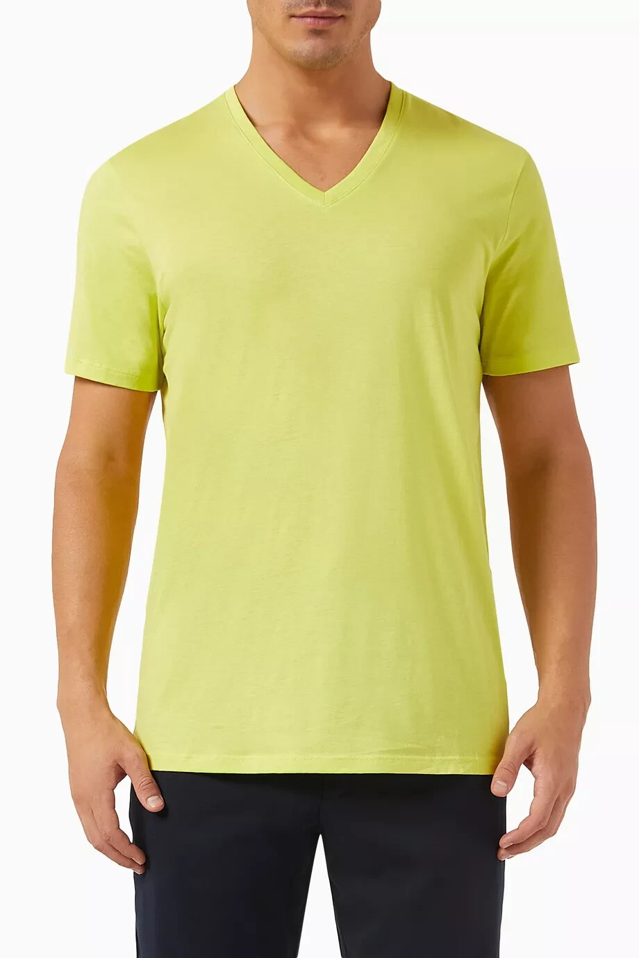 Armani Exchange Mens Basic Pima V-Neck Tee in Cyber Yellow Size Large