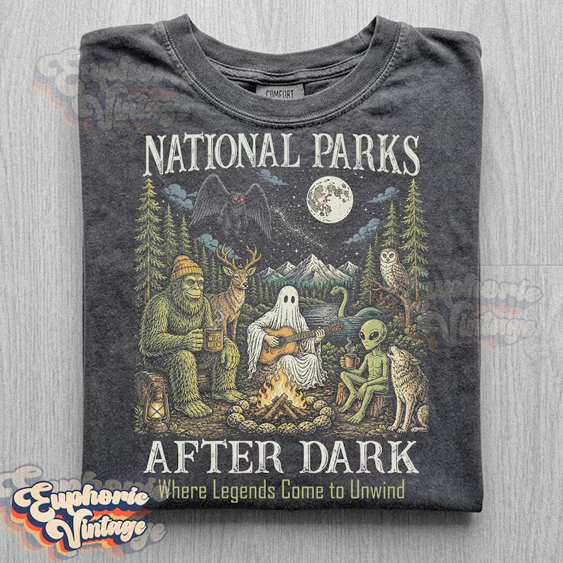 National Parks After Dark Cryptid Shirt Bigfoot Ghost Alien Tee Gildan Unisex