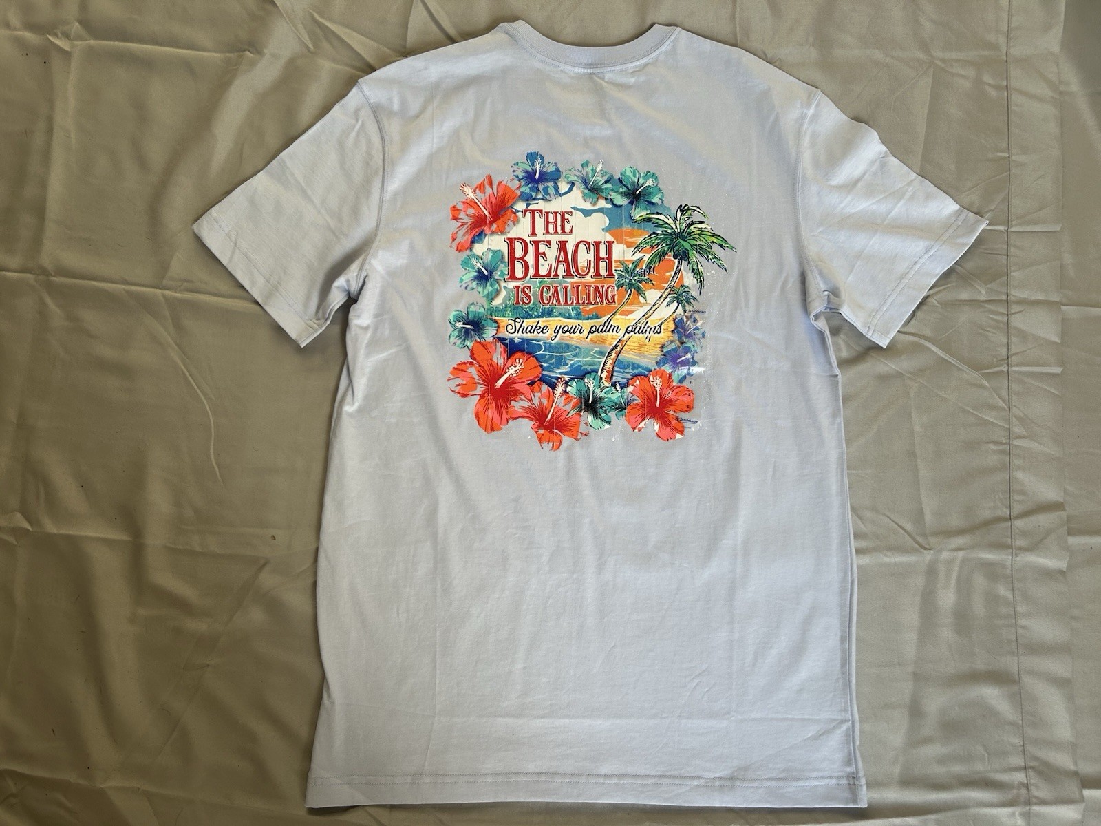 Caribbean Lt Blue Tropical Tee Beach is Calling Shake your Palm Palms Small New
