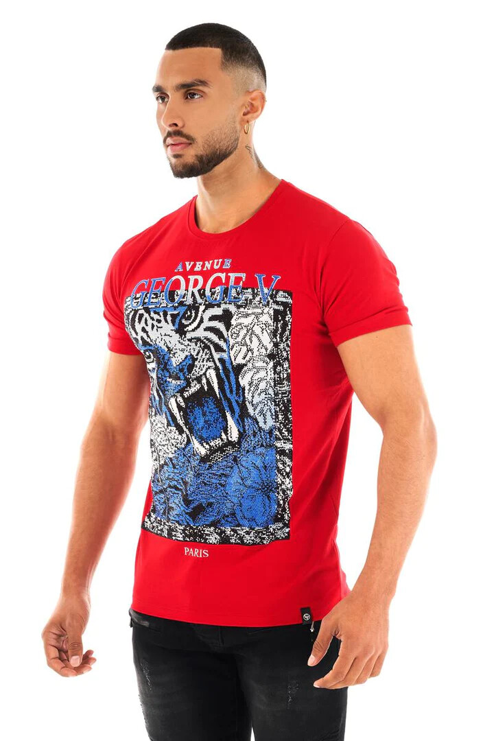 Avenue George V Paris T-Shirt Lion Men’s Red Tee Rhinestone Fitted XL 2XL 3XL