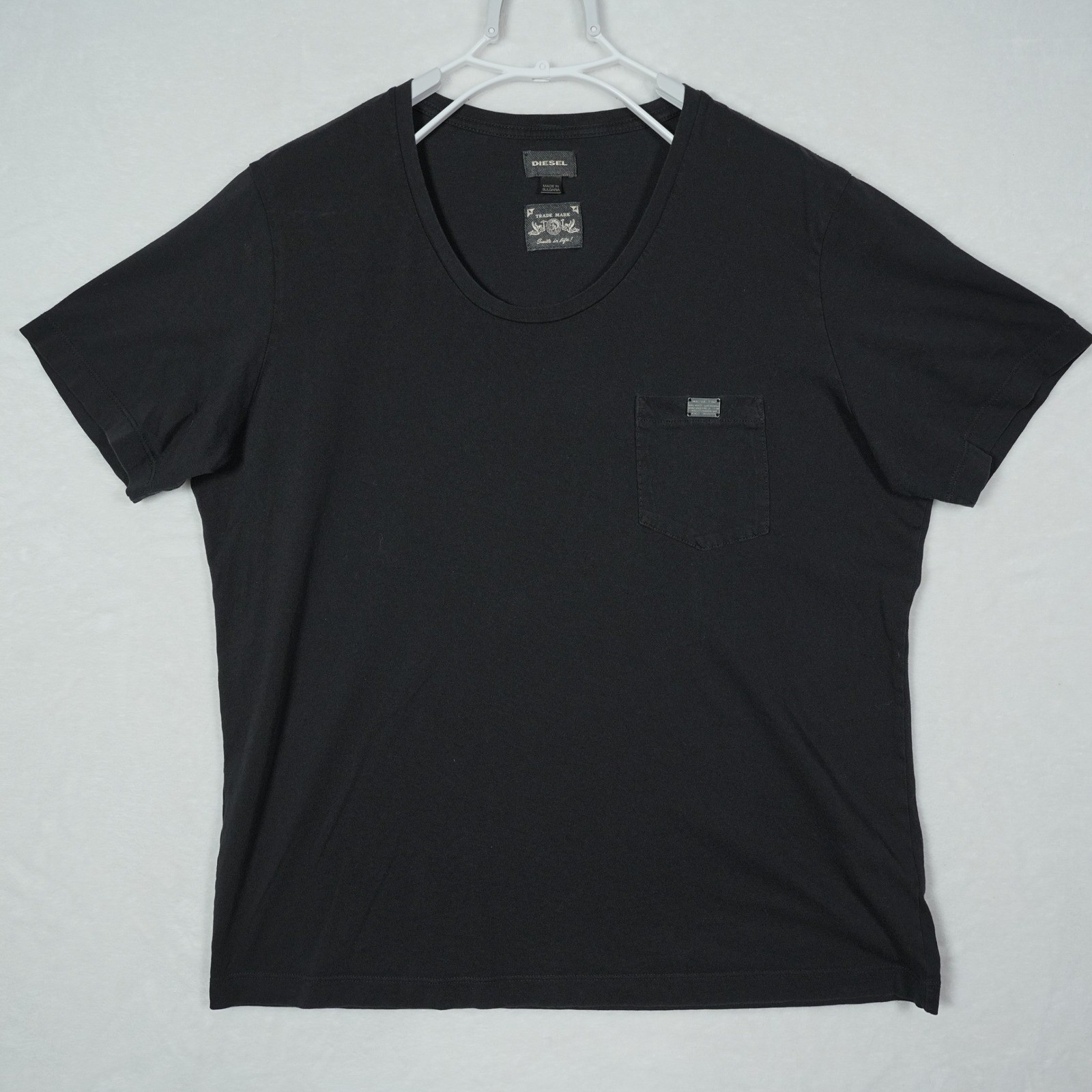 Diesel Mens Black Scoop Neck Pocket T-Shirt Metal Logo Plaque XL Cotton Bulgaria
