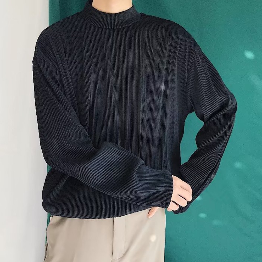 Mens Casual Pleated Drape Half Turtleneck T Shirt for Daily Wear and Commuting